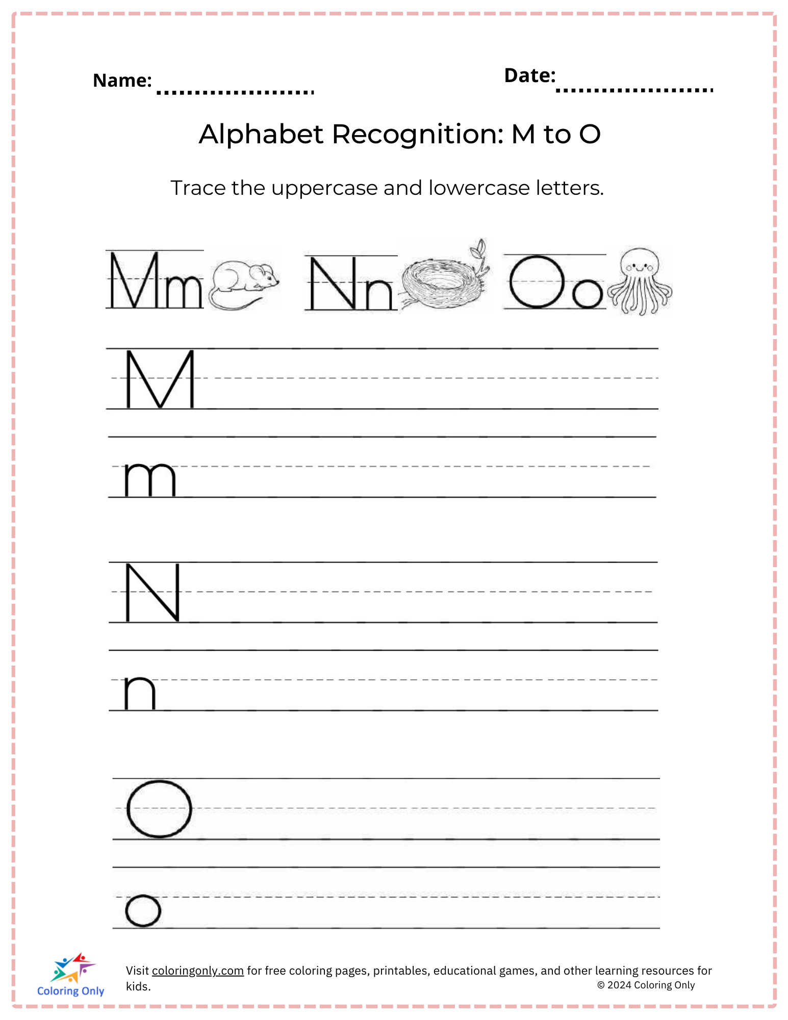 Alphabet Recognition: M to O Free Printable Worksheet