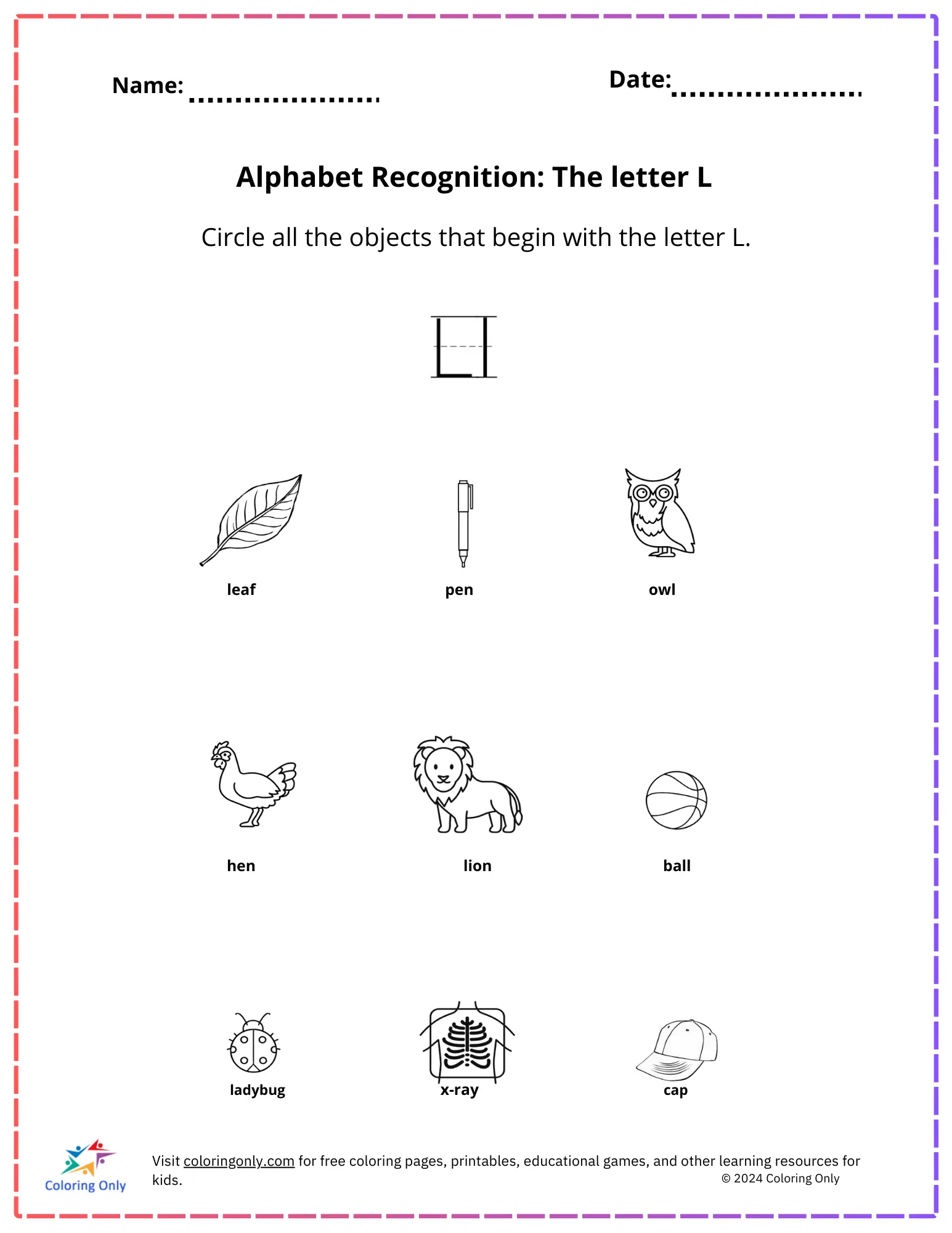 Alphabet Recognition: The Letter L Free Printable Worksheet