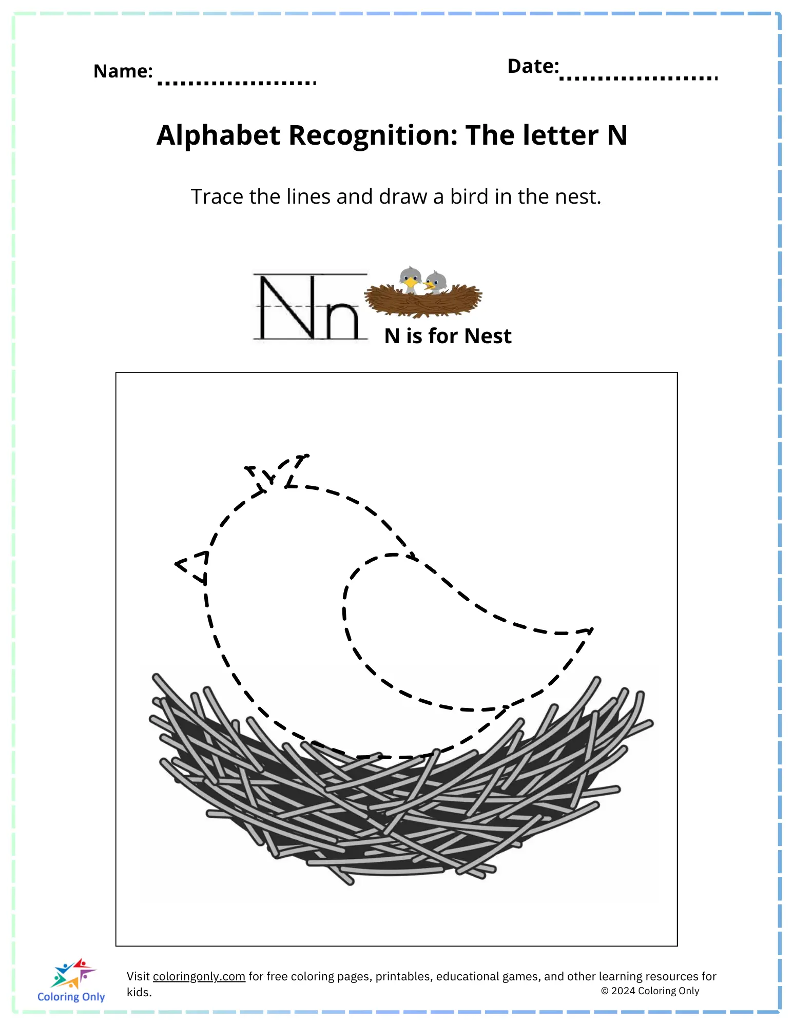 Alphabet Recognition: The Letter N Free Printable Worksheet