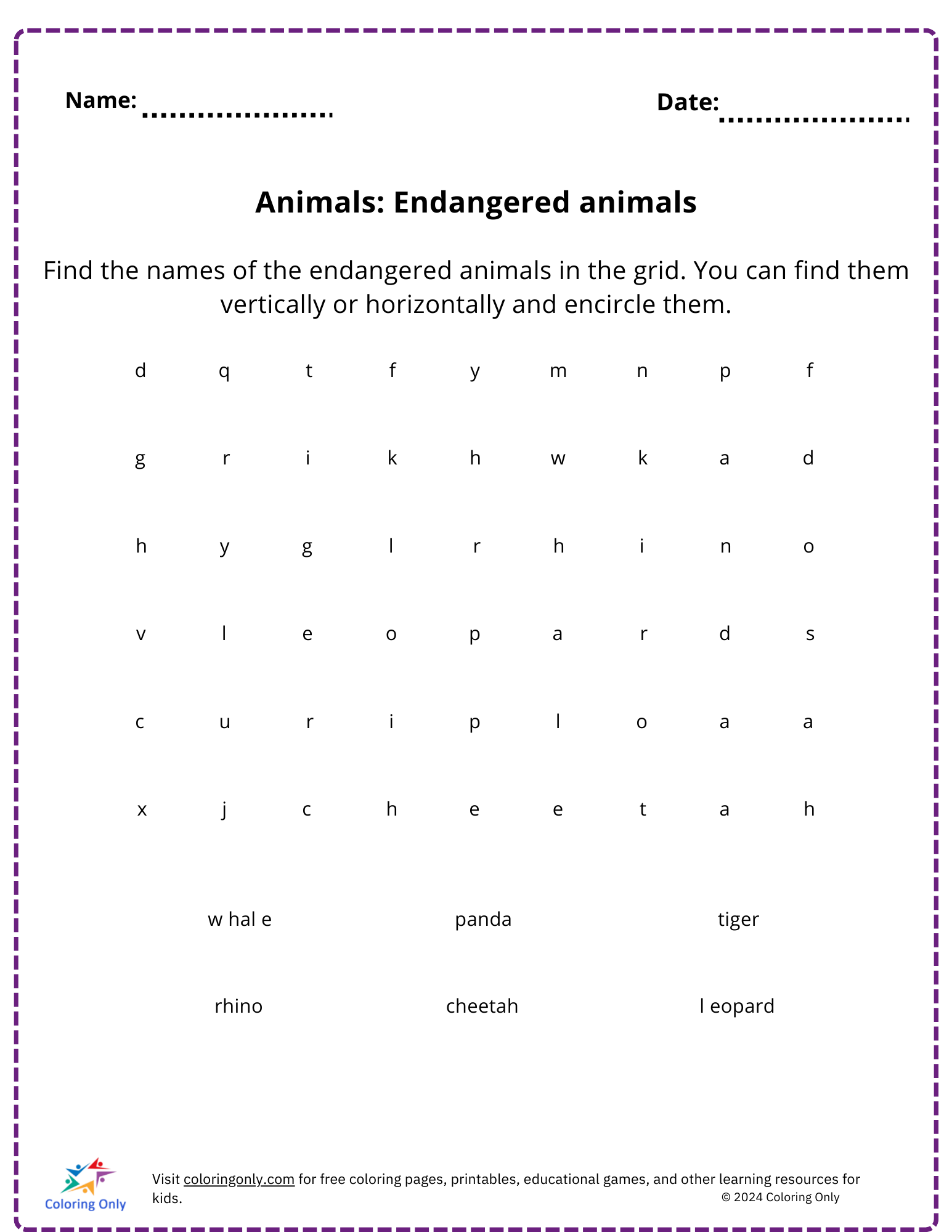 Animals: Endangered animals free Printable Worksheet