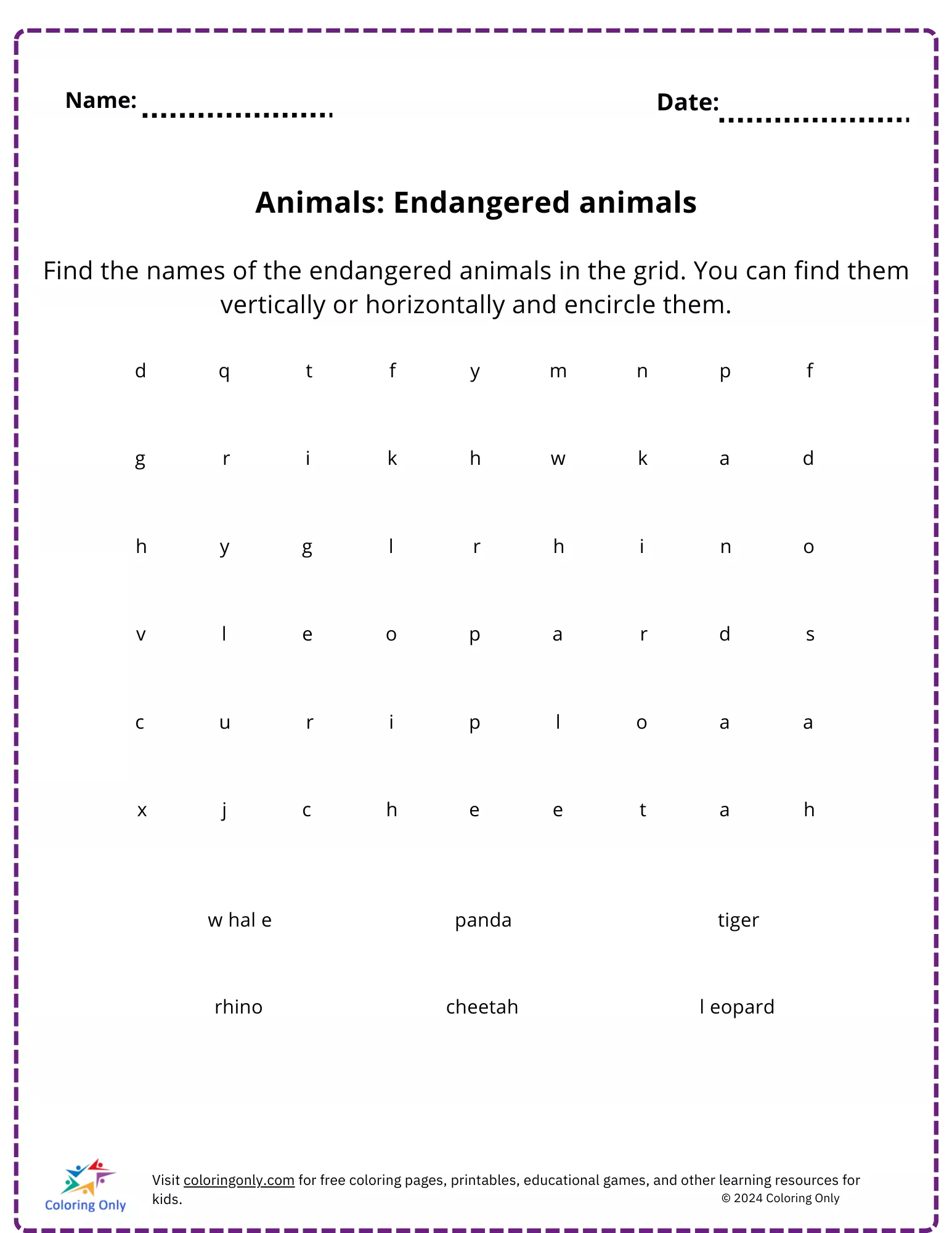Animals: Endangered animals free Printable Worksheet