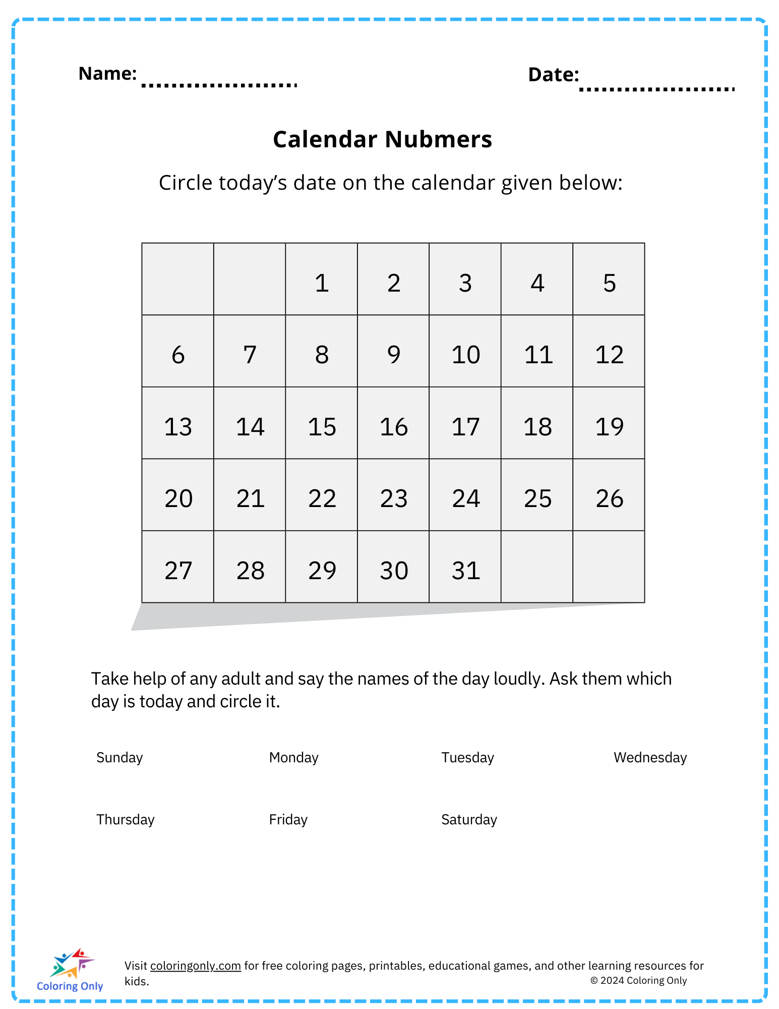 Calendar Numbers Free Printable Worksheet