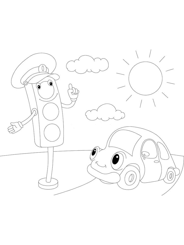 Cartoon Car and Traffic Light Coloring Page - Free Printable Coloring Pages  for Kids