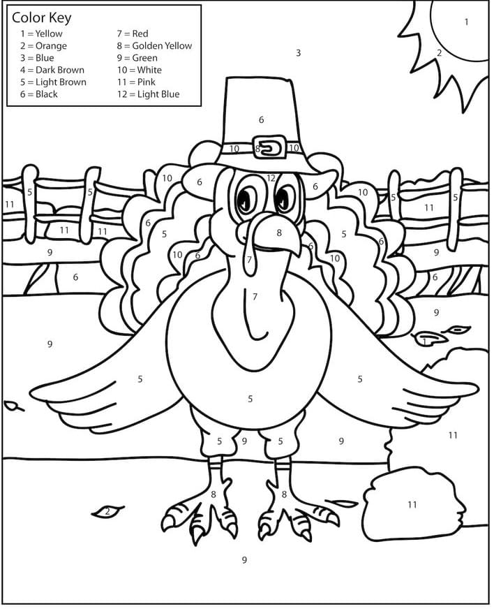 Cartoon Turkey Thanksgiving Color by Number
