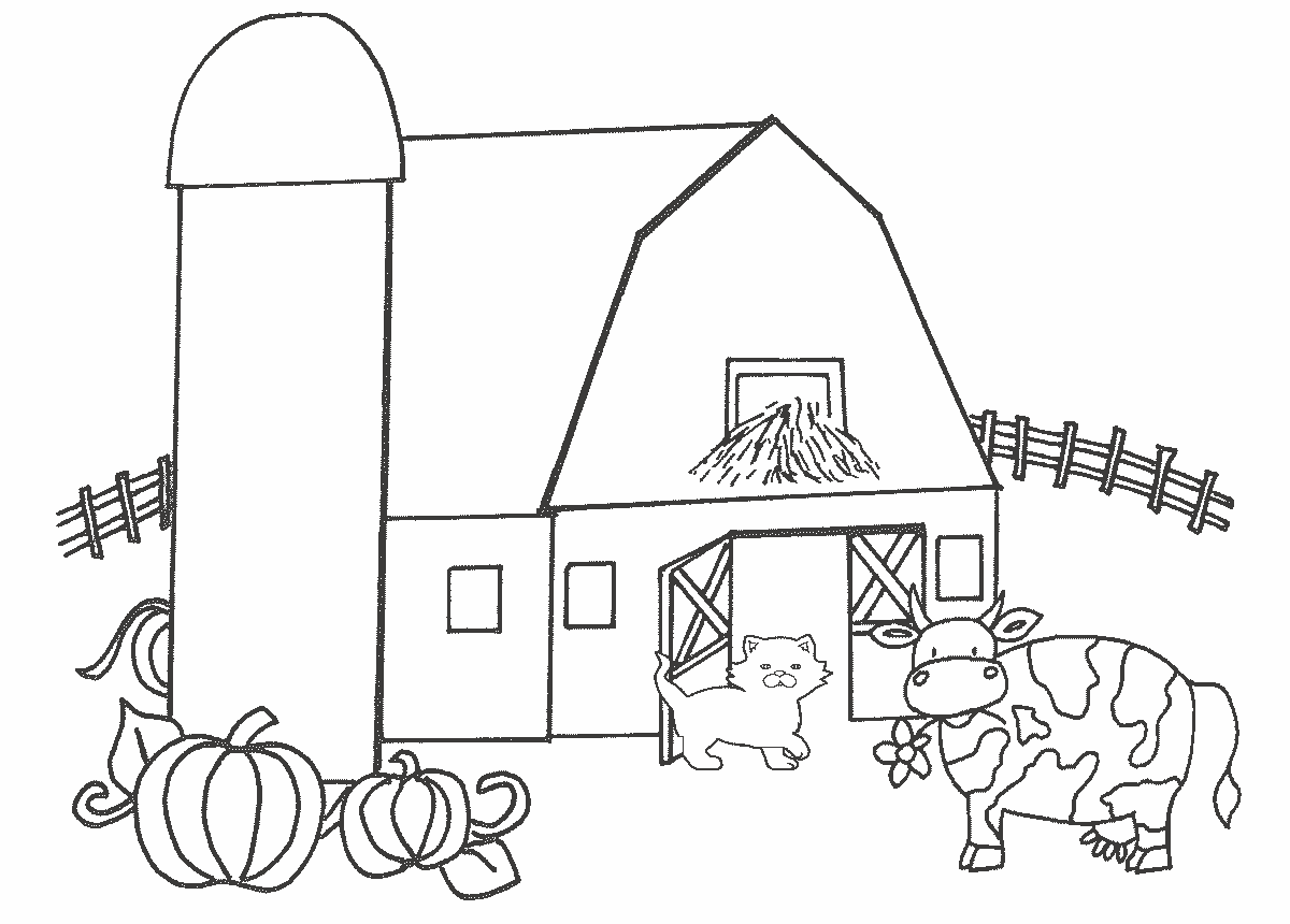 Cat and Cow in a Farm Coloring Page   Free Printable Coloring ...