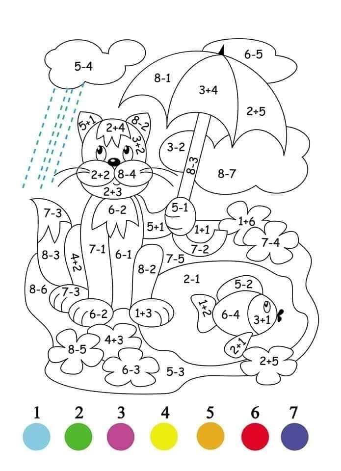 Cat and Fish Math Coloring Page - Free Printable Coloring Pages for Kids