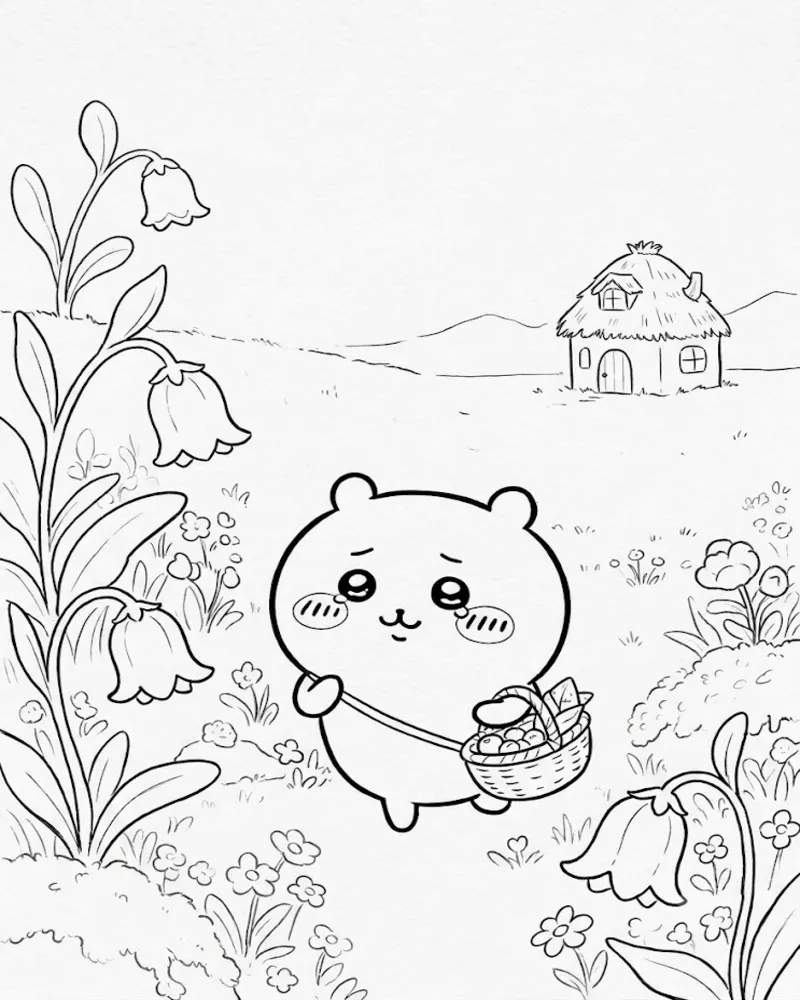 Chiikawa Carrying Basket Near Flowers and Cottage