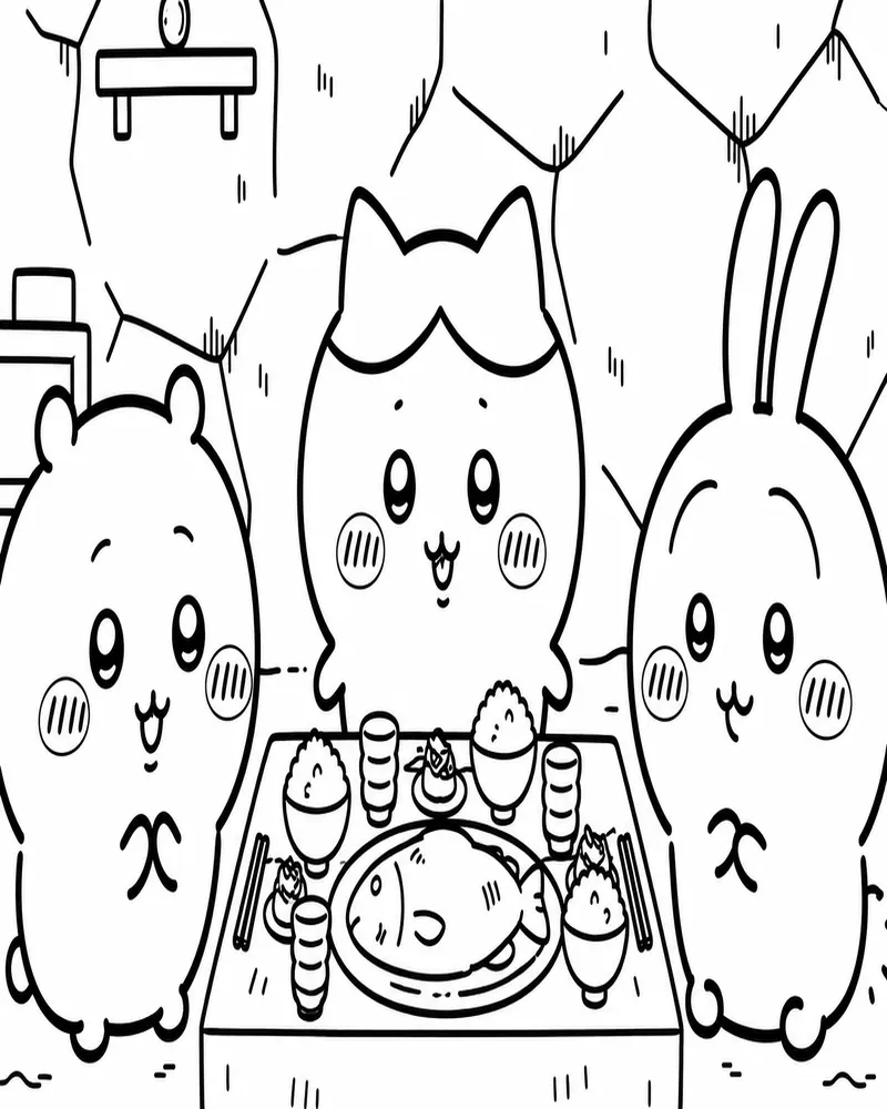Chiikawa Hachiware and Usagi Enjoying Fish Dinner
