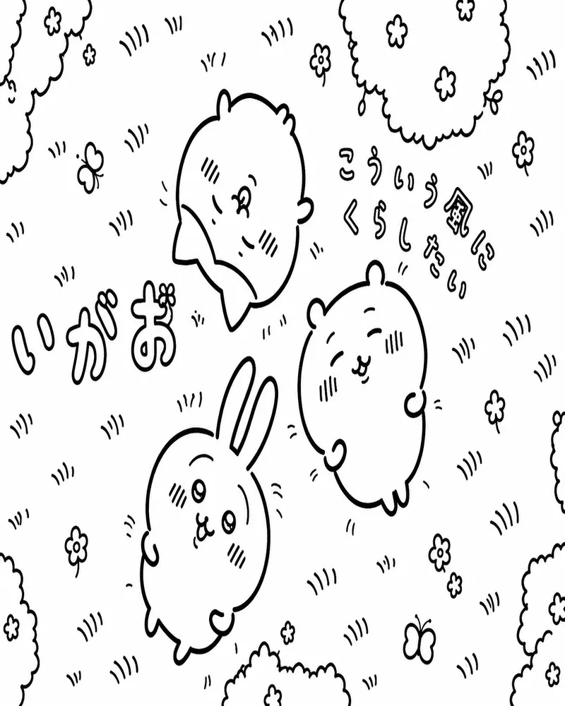 Chiikawa Hachiware and Usagi Relaxing in Flower Garden