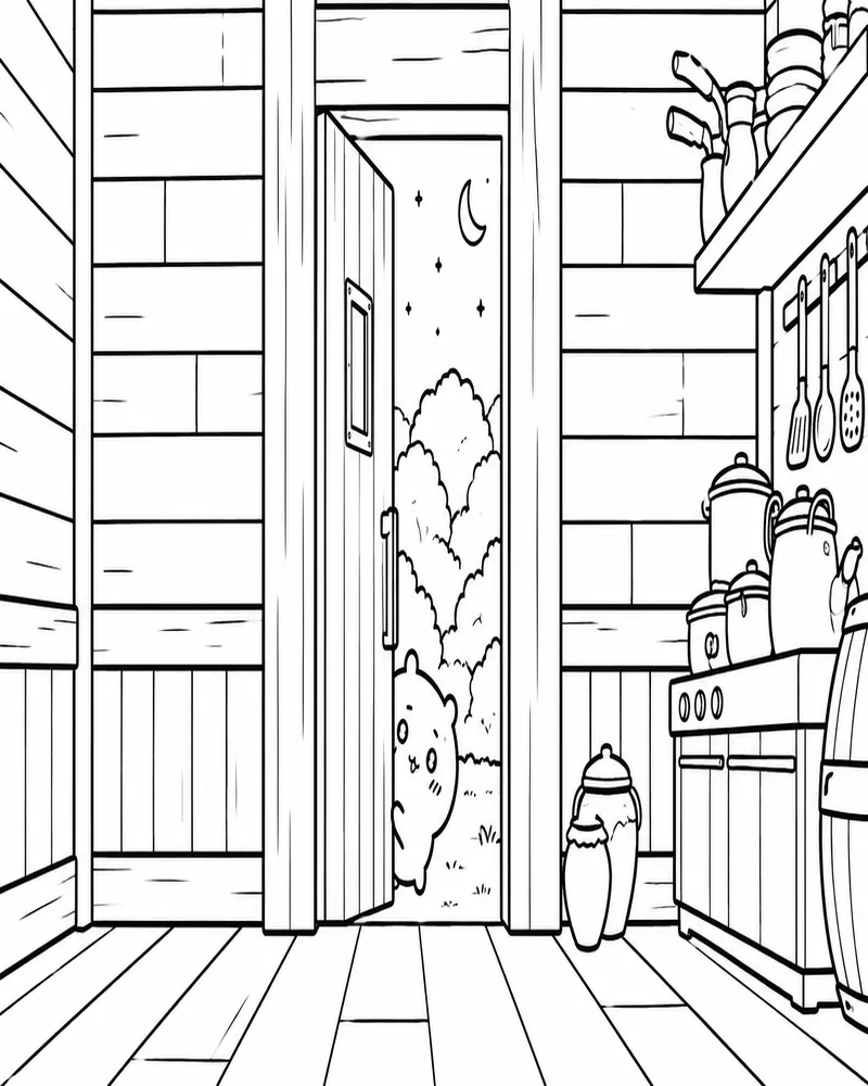 Chiikawa Peeking Through a Cozy Cabin Door