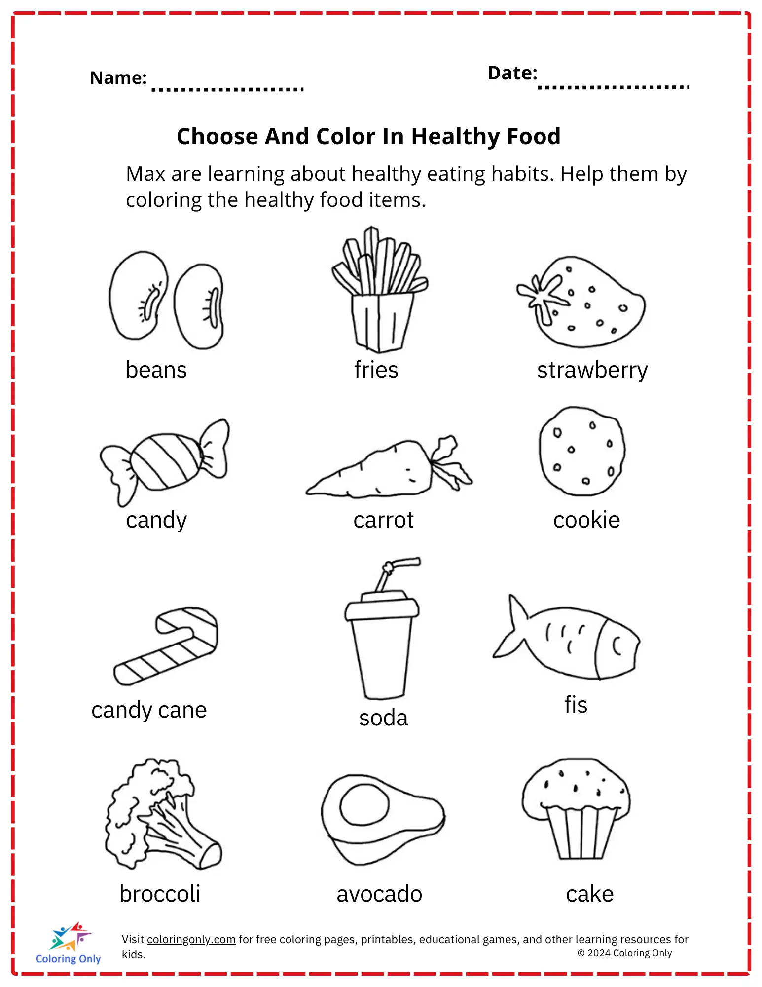 Choose And Color In Healthy Food Free Printable Worksheet