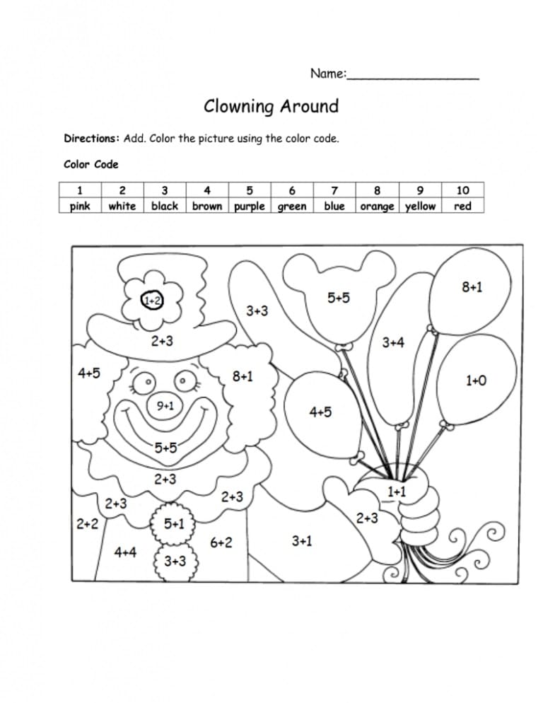 Clown Color By Number Addition