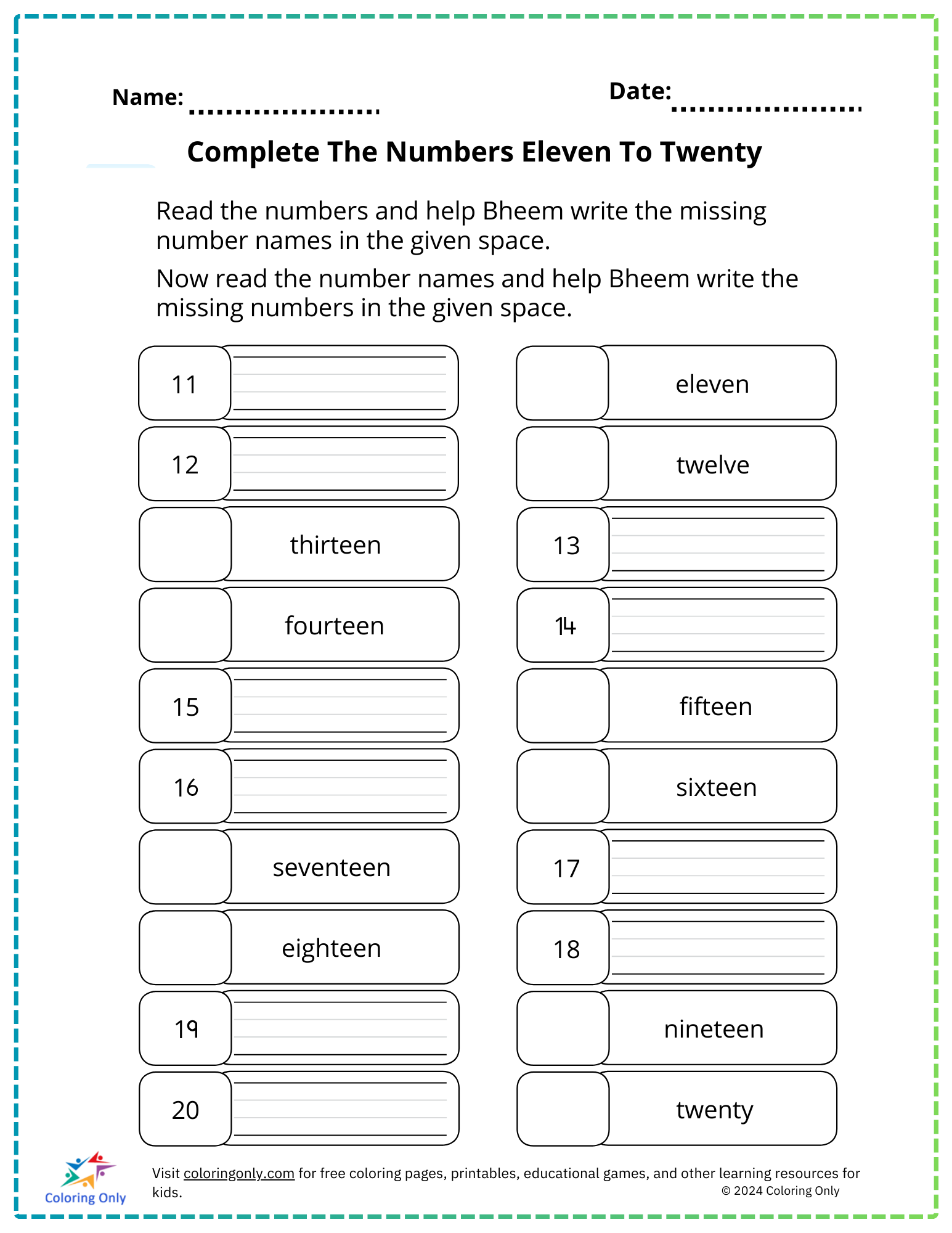 Complete The Numbers Eleven To Twenty Free Printable Worksheet