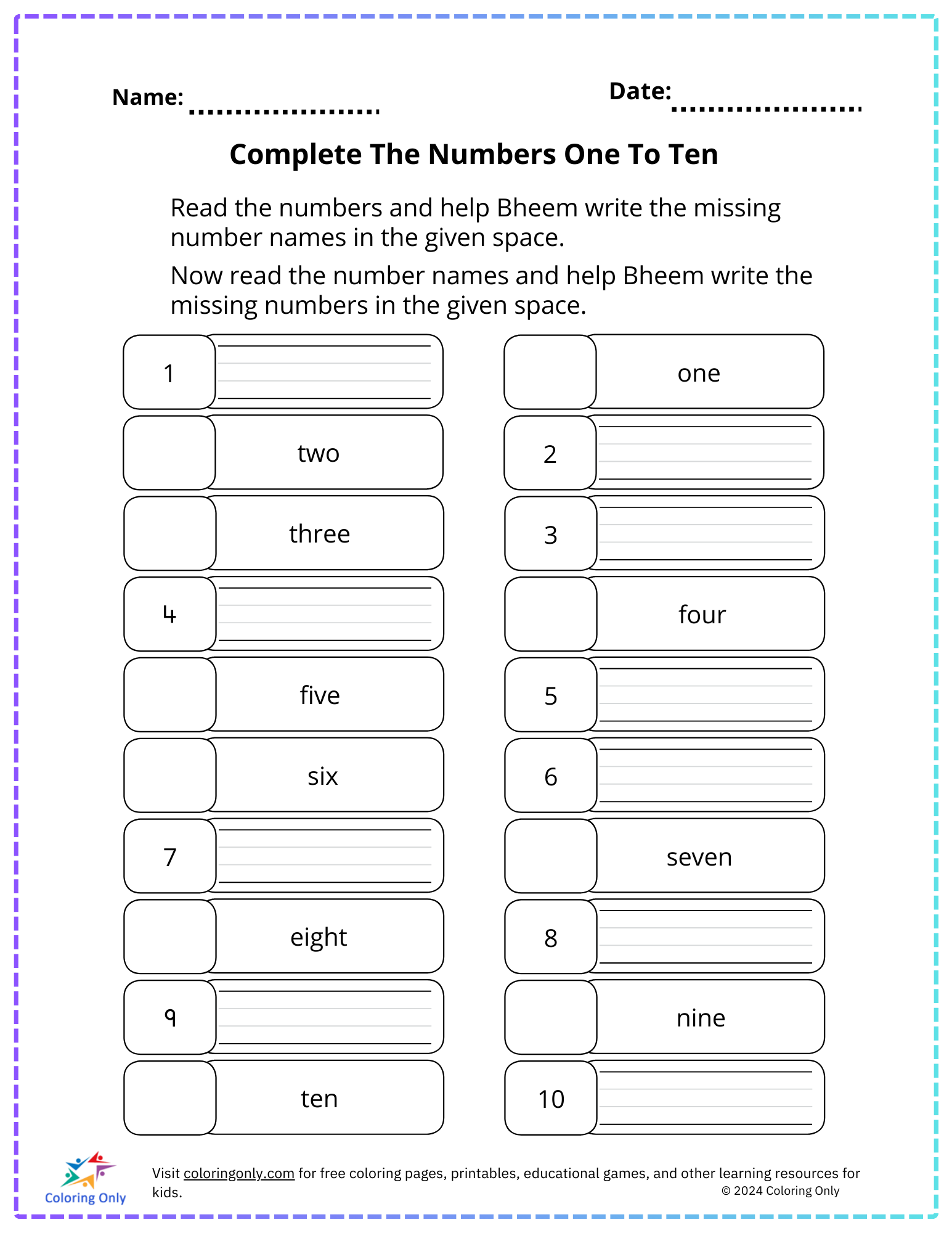 Complete The Numbers One To Ten Free Printable Worksheet