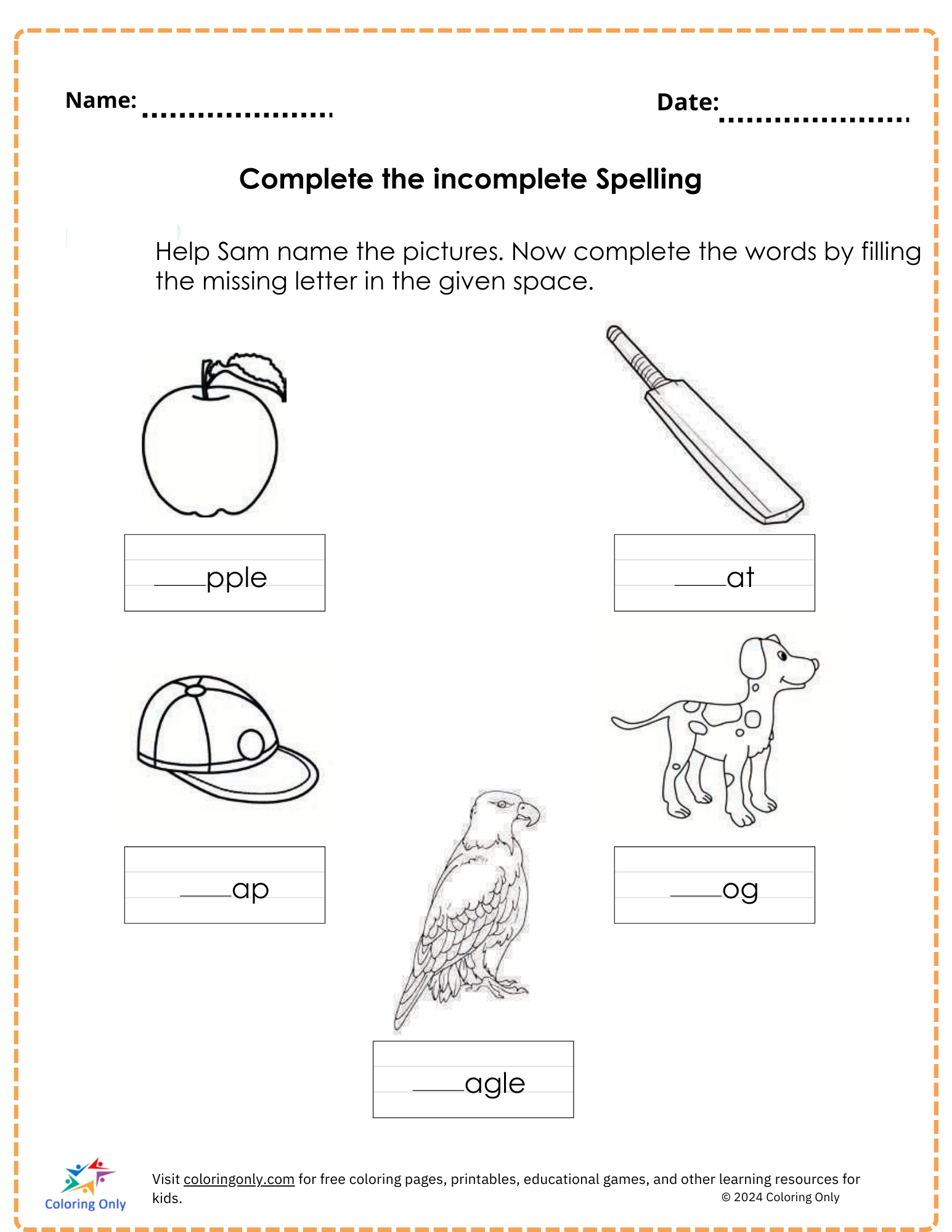 Complete the incomplete Spelling free Printable Worksheet