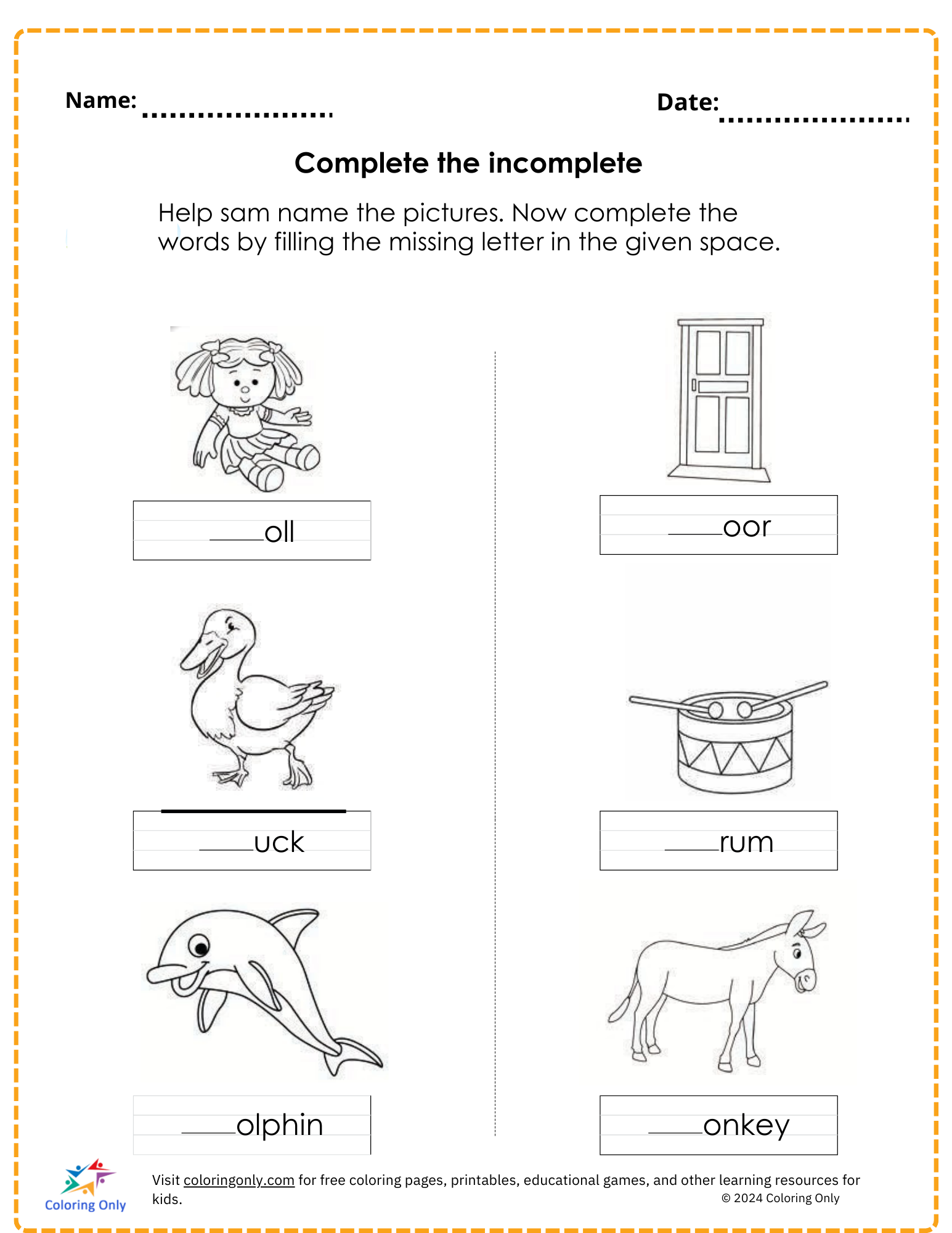 Complete the incomplete free Printable Worksheet