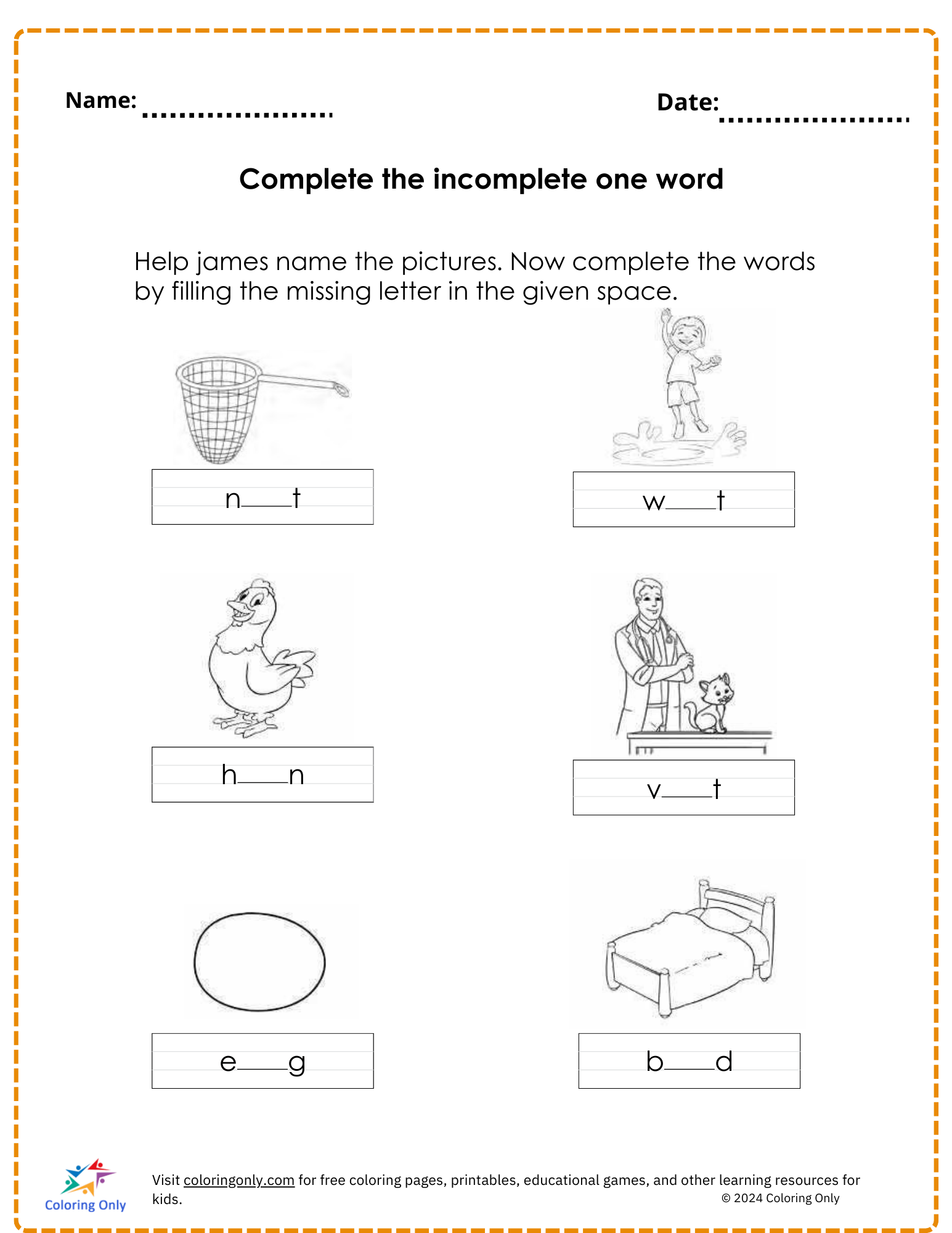 Complete the incomplete one word free Printable Worksheet