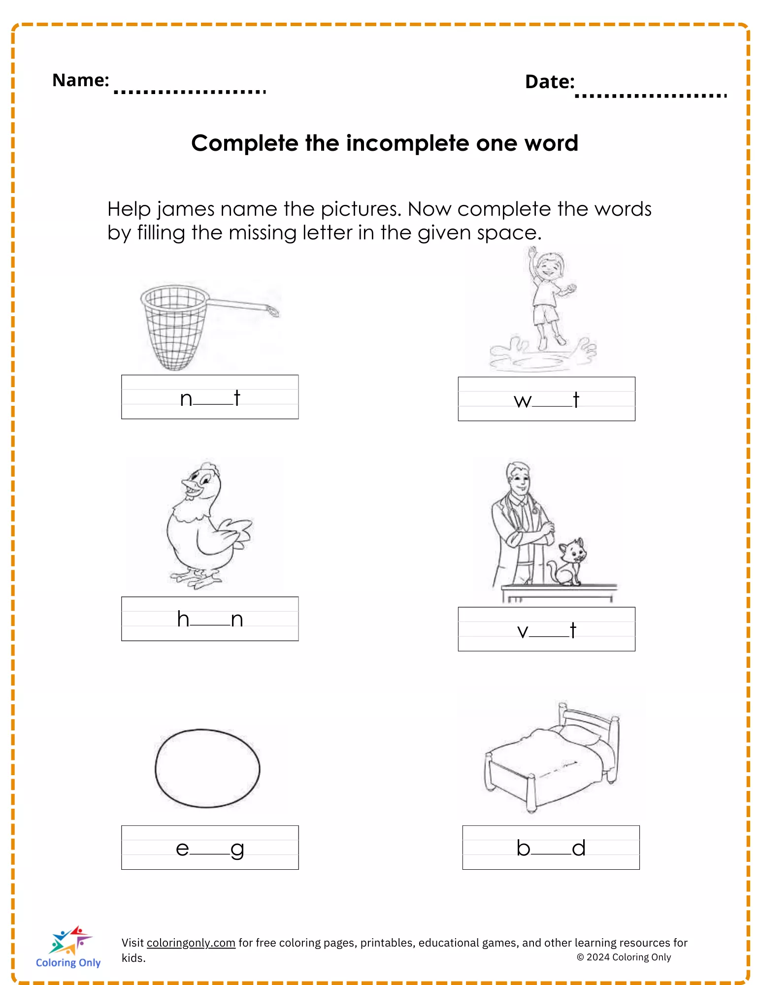Complete the incomplete one word free Printable Worksheet