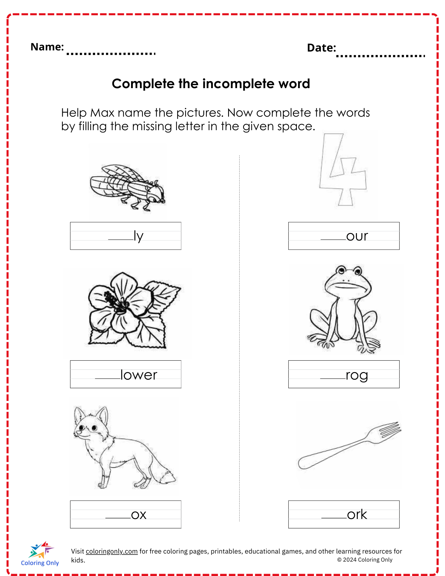 Complete the incomplete word free Printable Worksheet