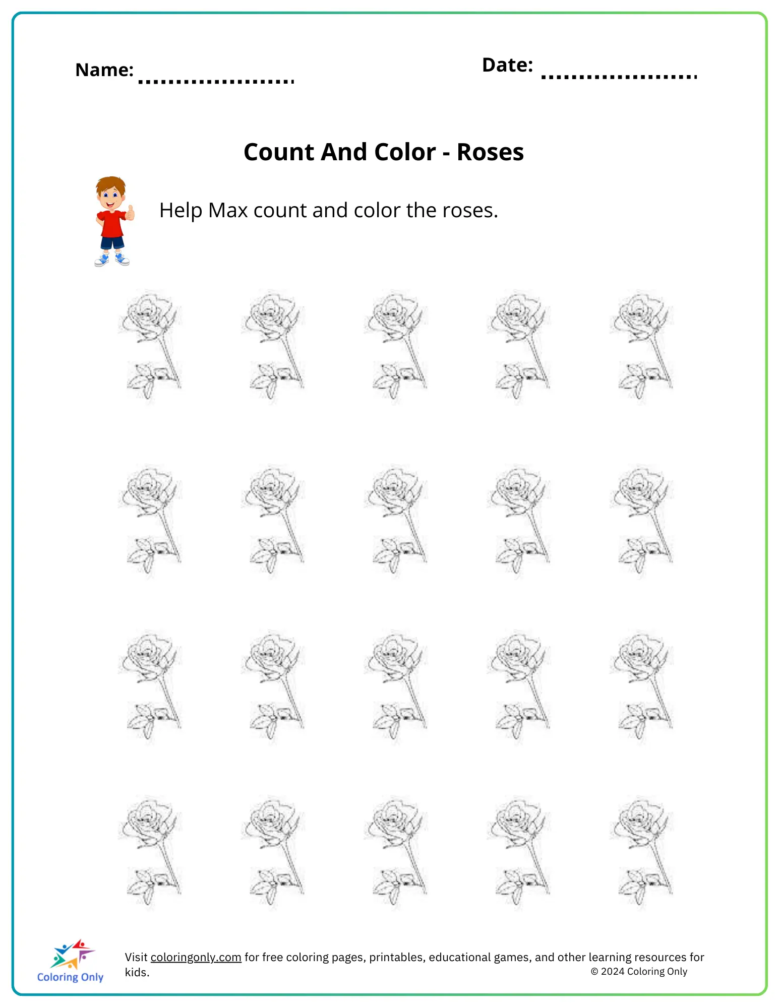 Count And Color – Roses Free Printable Worksheet