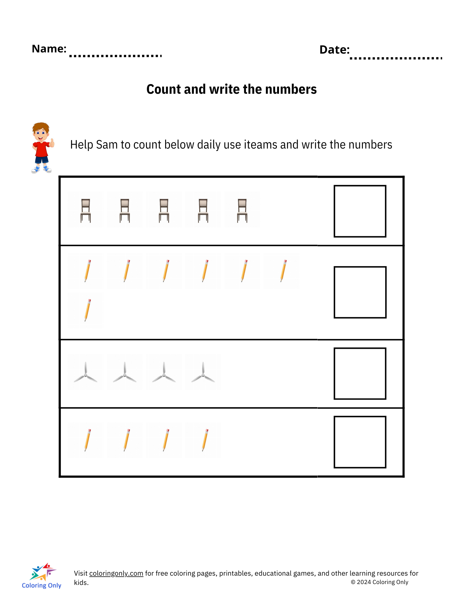 Count and write the numbers free Printable Worksheet