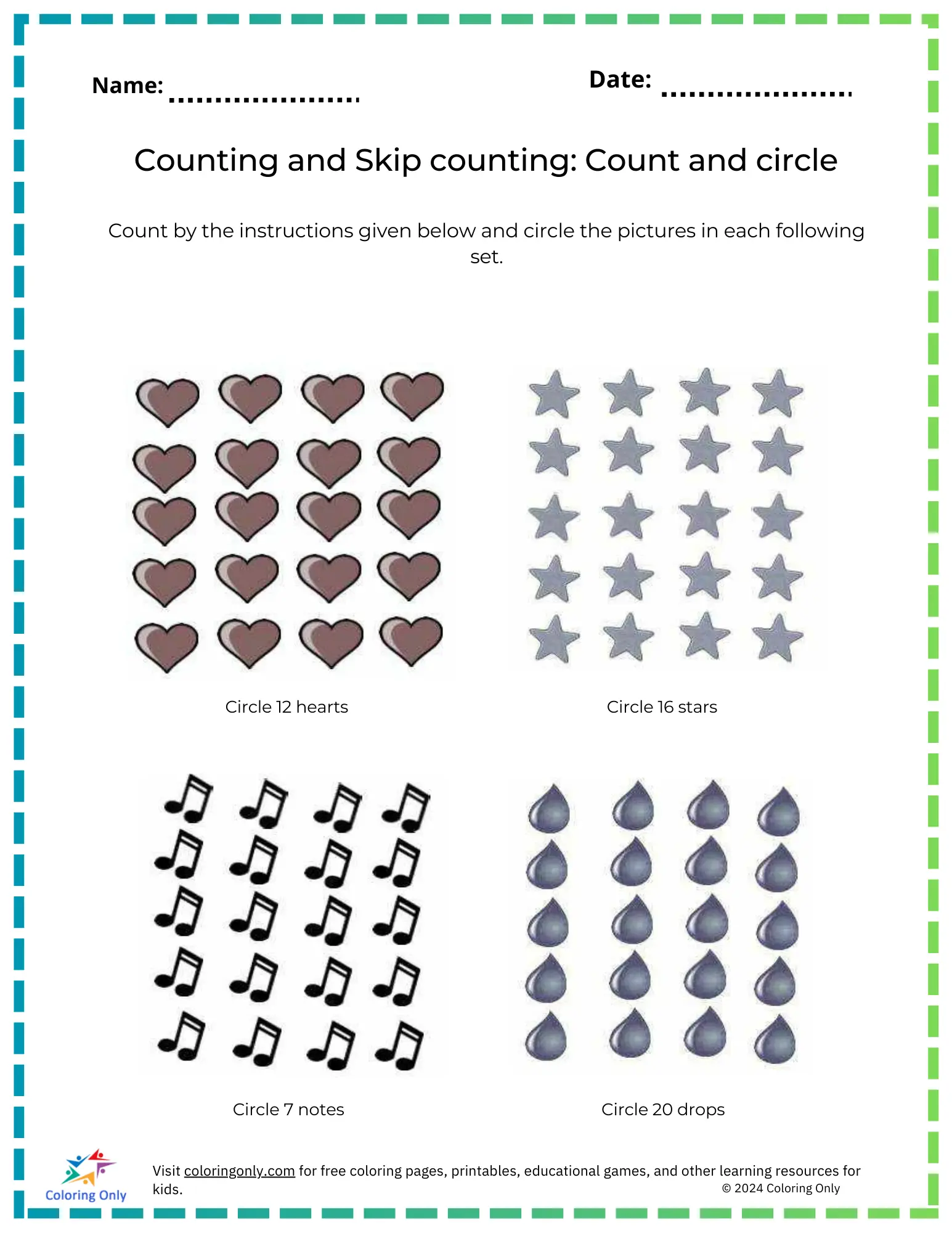Counting And Skip Counting: Count And Circle Free Printable Worksheet