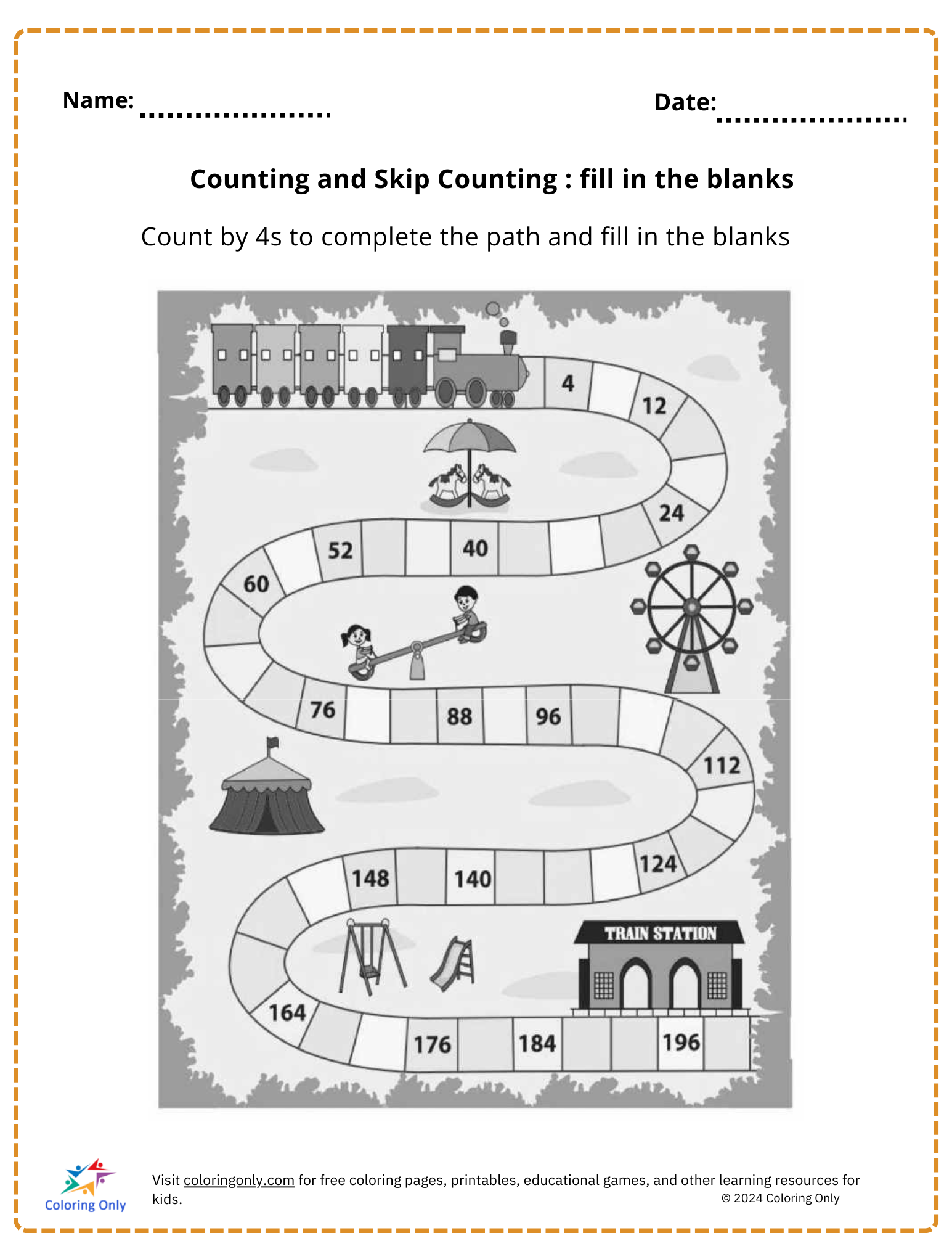 Counting and Skip Counting : Fill in the blanks free Printable Worksheet