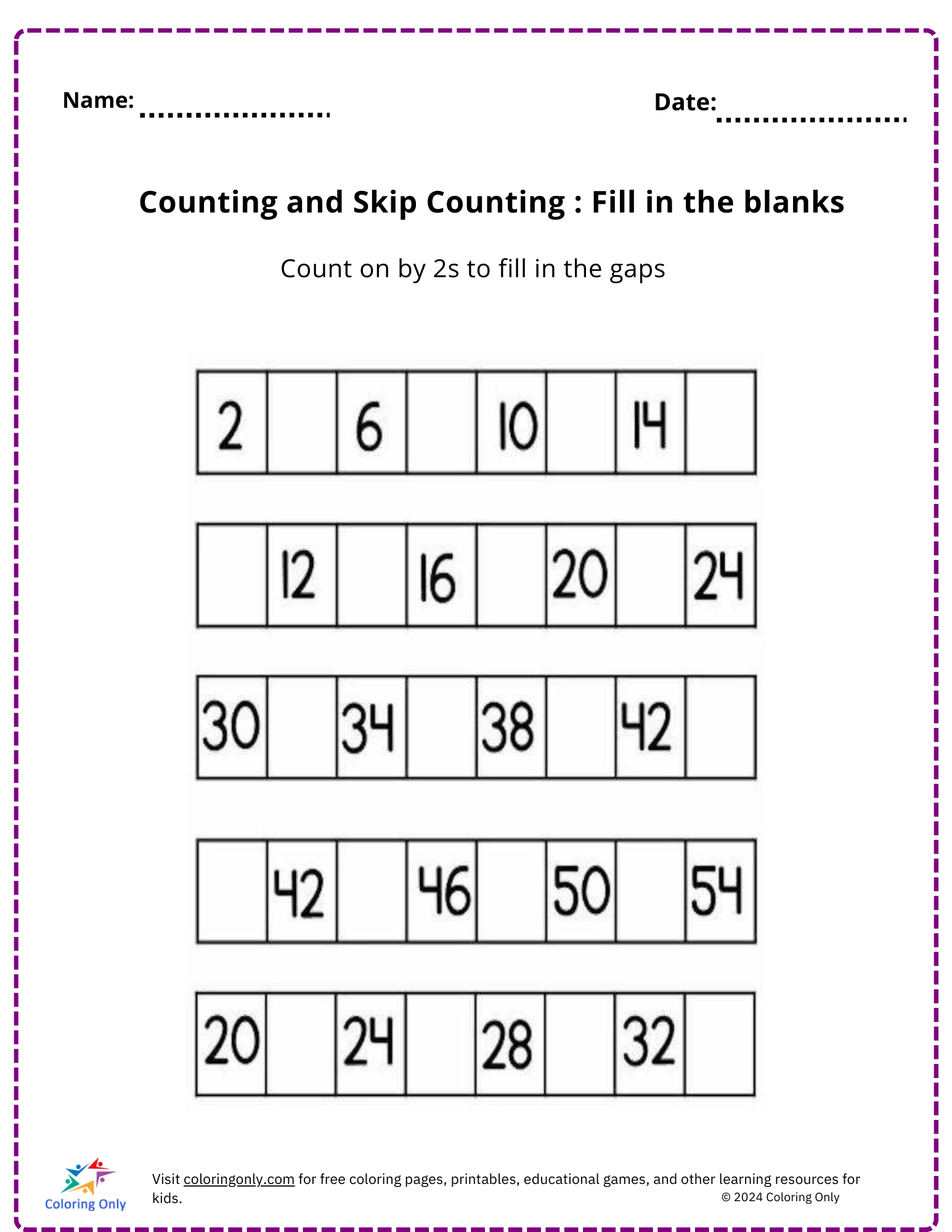 Counting and Skip Counting : Fill in the blanks free Printable Worksheet