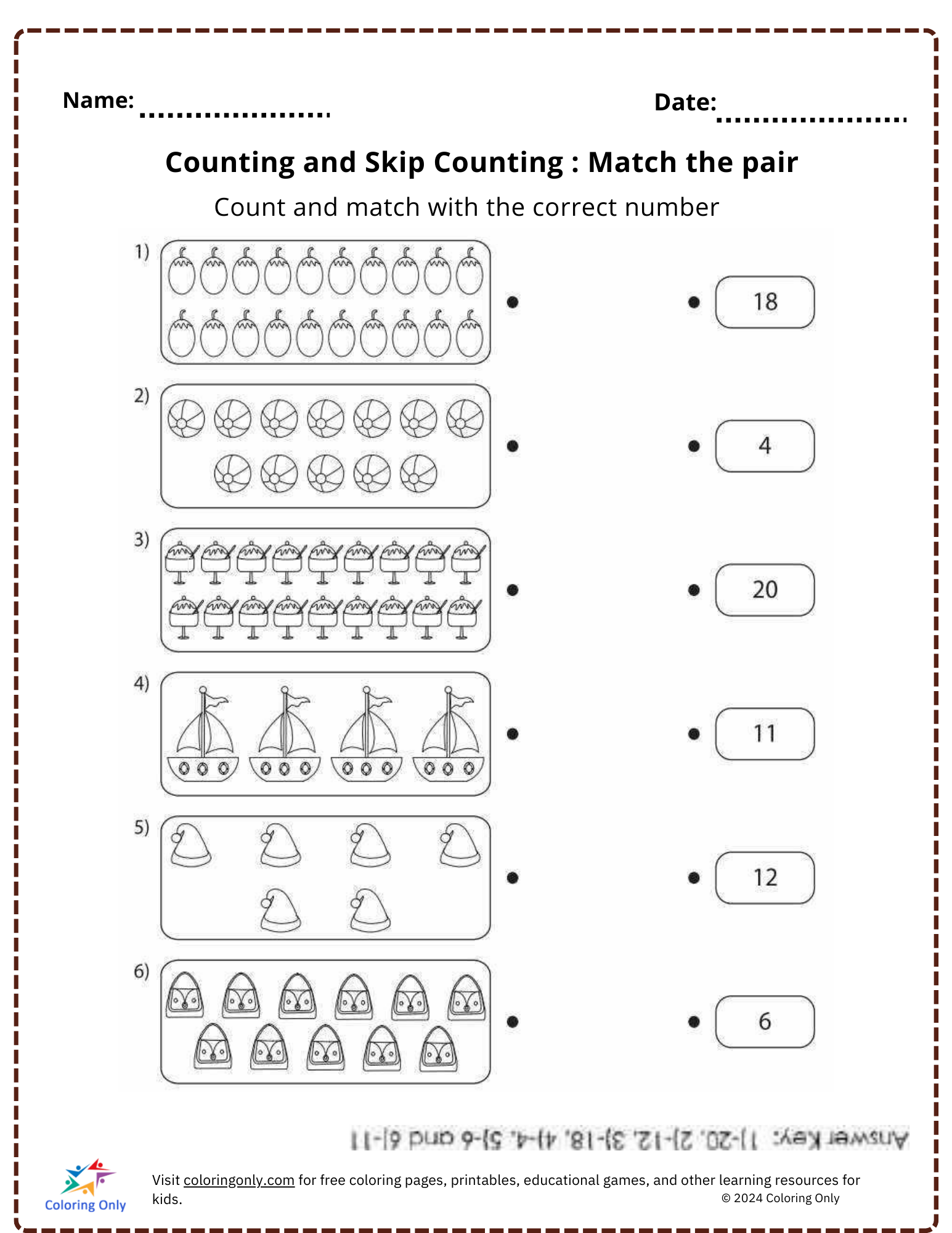 Counting and Skip Counting : Match the pair free Printable Worksheet