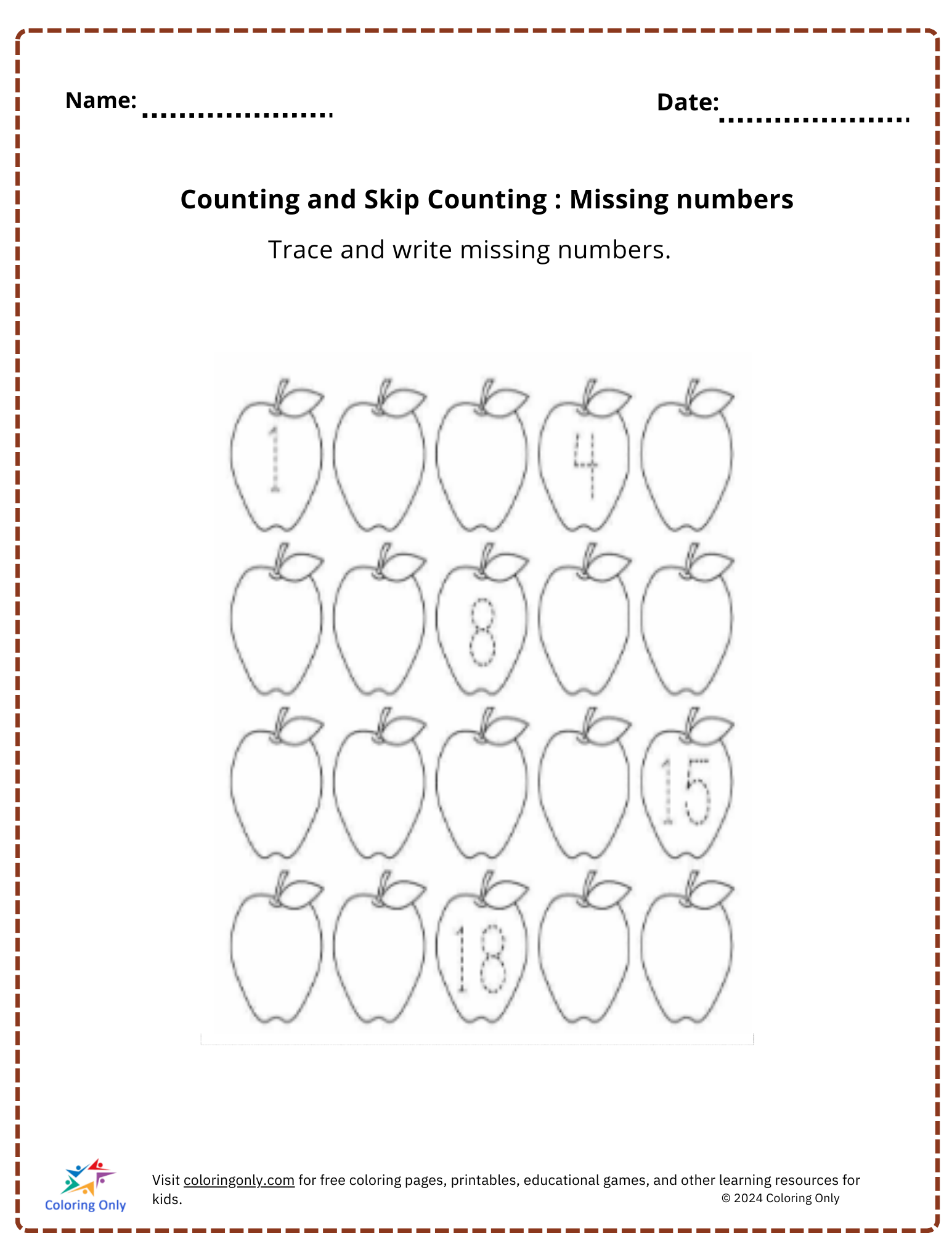 Counting and Skip Counting : Missing Numbers  free Printable Worksheet