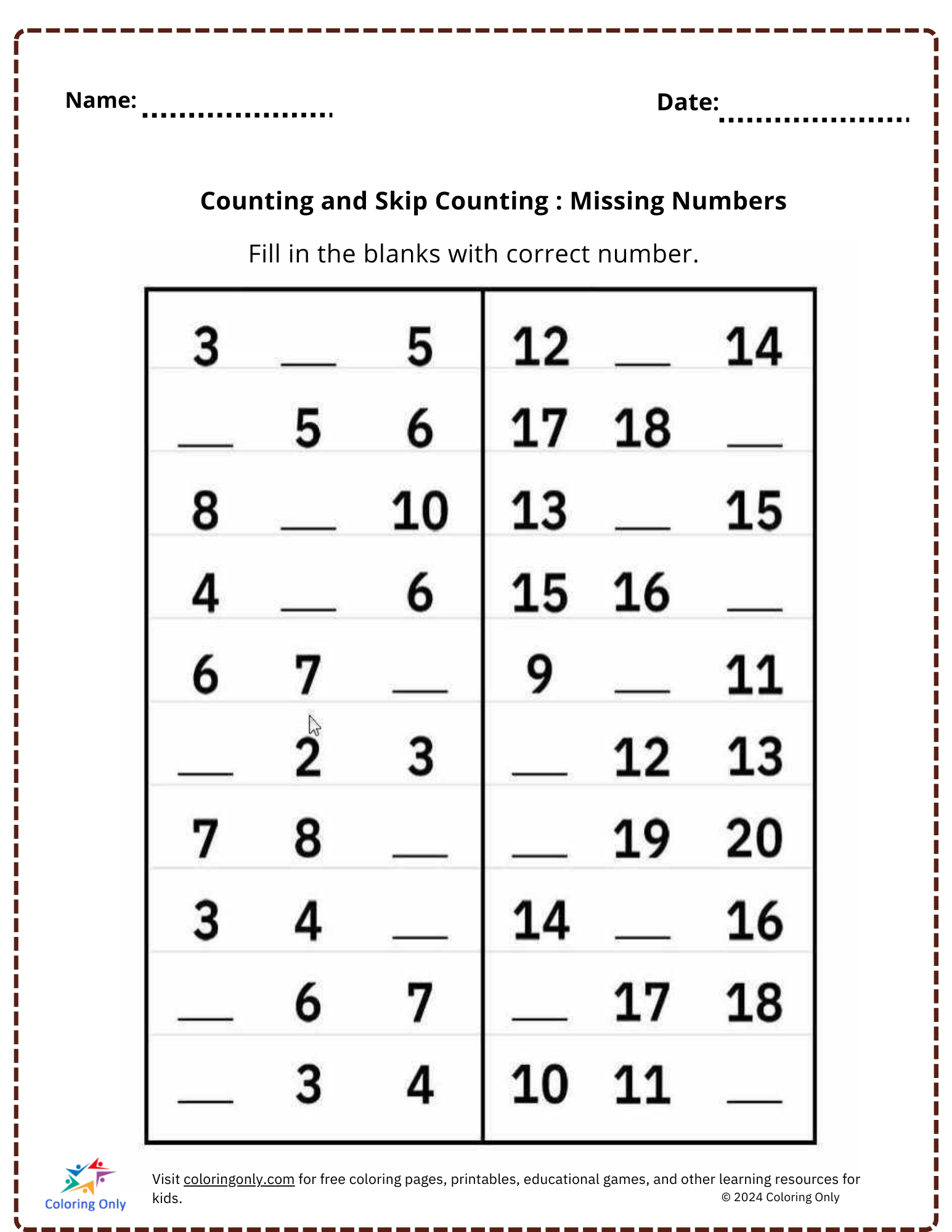 Counting and Skip Counting : Missing Numbers free Printable Worksheet