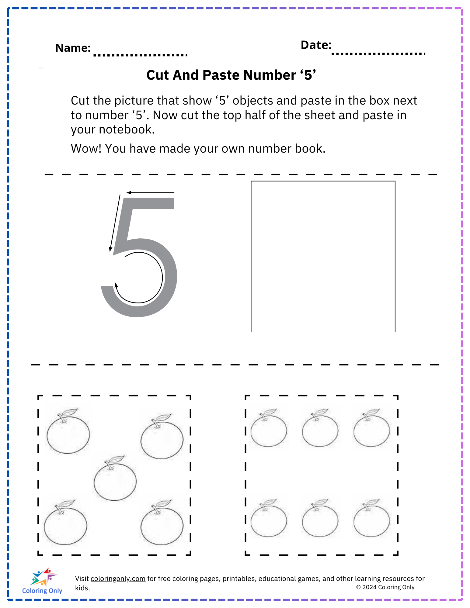 Cut And Paste Number ‘5’ Free Printable Worksheet