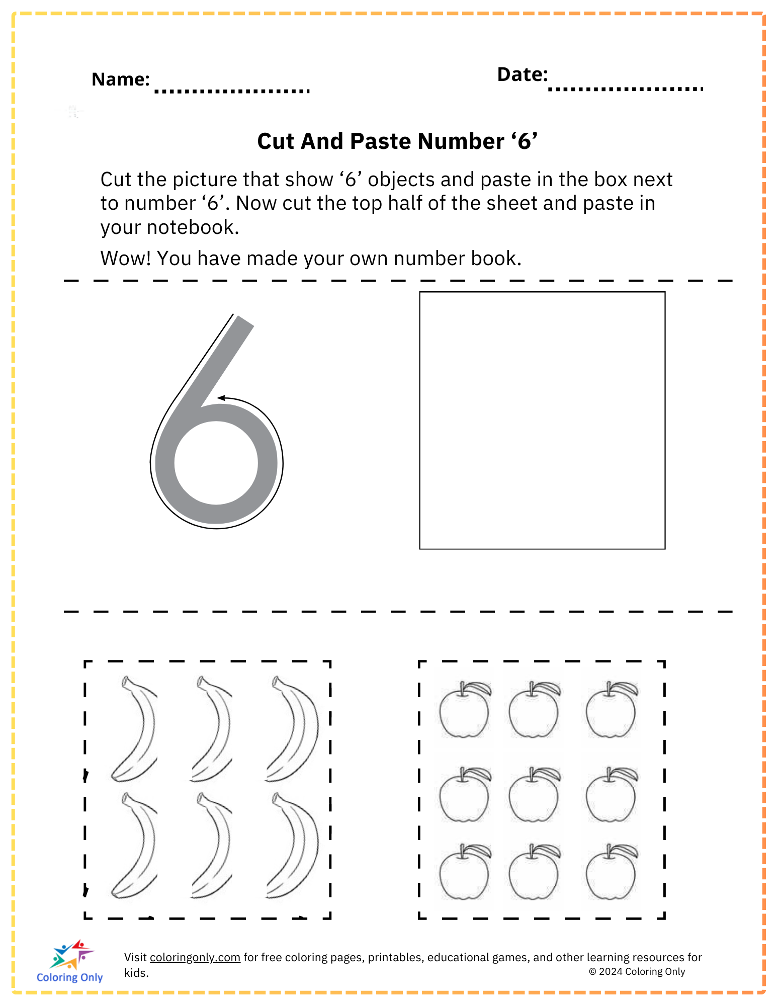 Cut And Paste Number ‘6’ Free Printable Worksheet