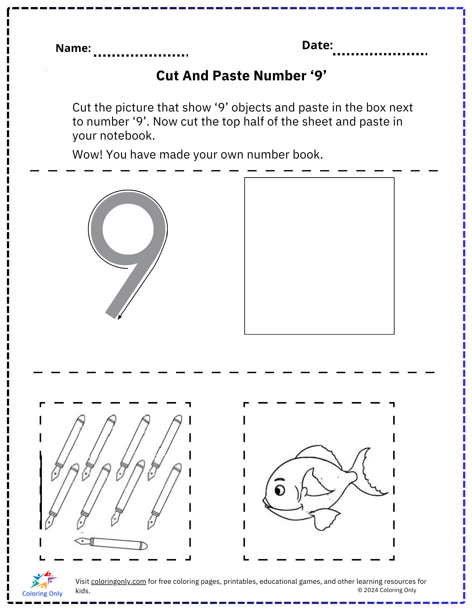 Cut And Paste Number ‘9’ Free Printable Worksheet