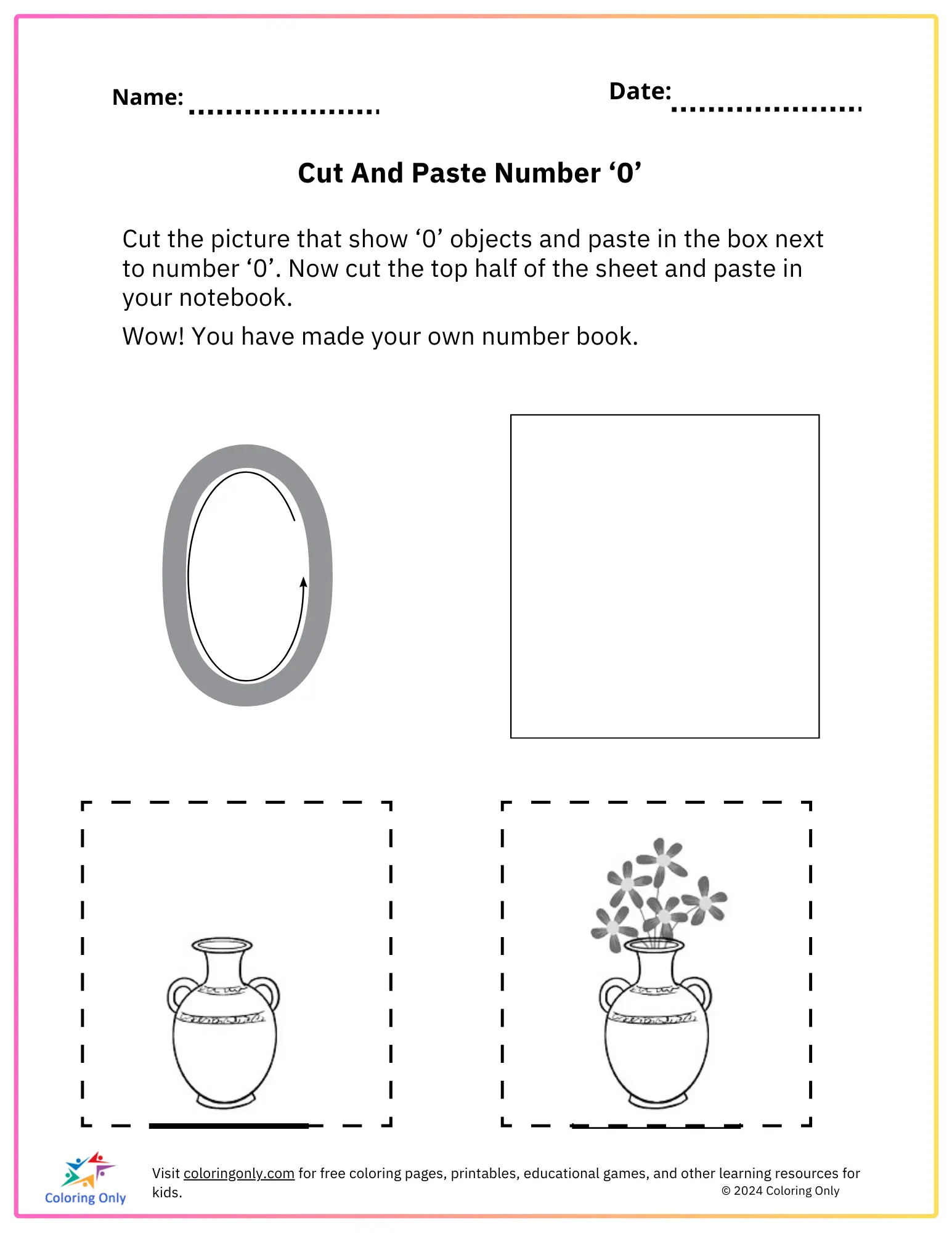 Cut And Paste Number ‘0’ Free Printable Worksheet