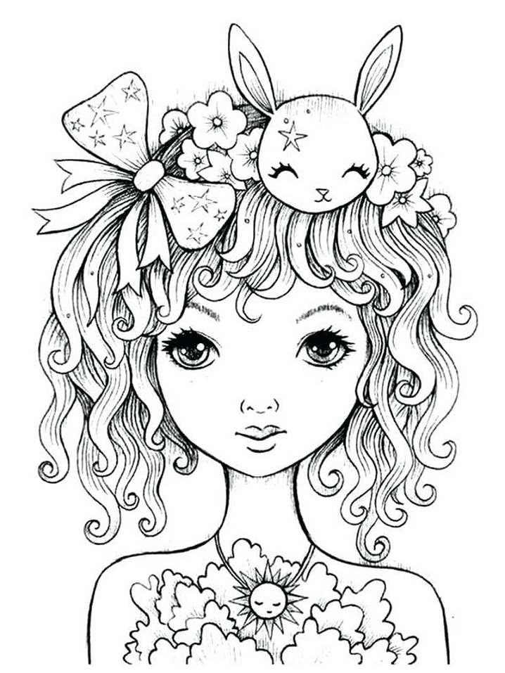 Coloring description : Download Printable Cute Girl with a Bow Coloring Pag...