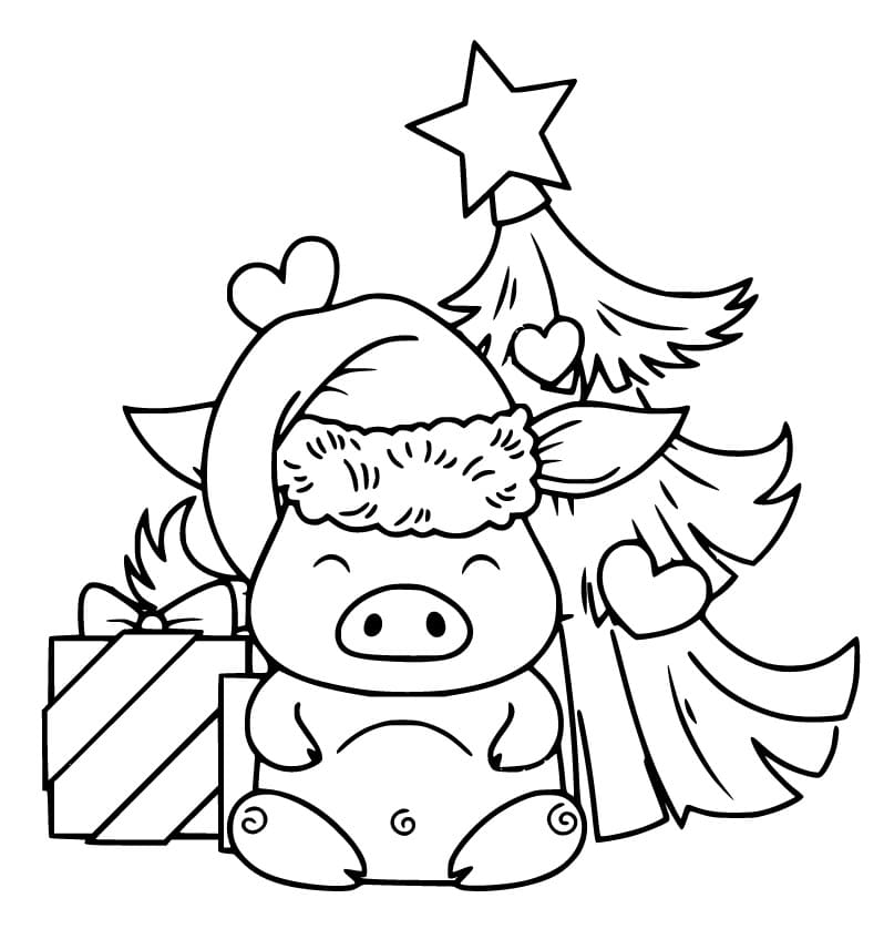 Cute Pig and Christmas Tree