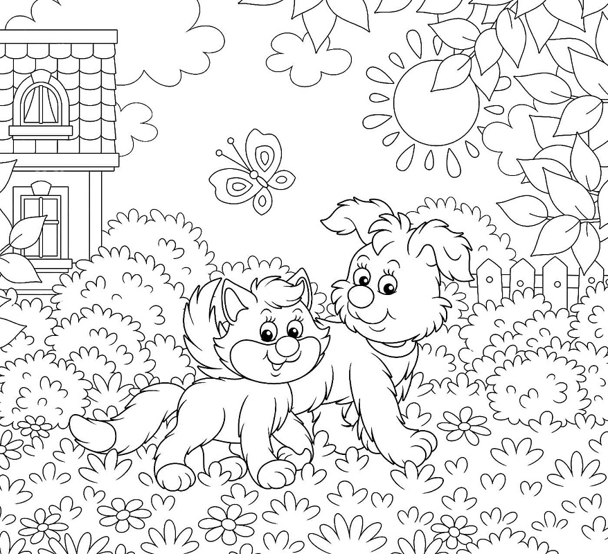 Dog and Cat in the Garden Coloring Page Free Printable Coloring Pages