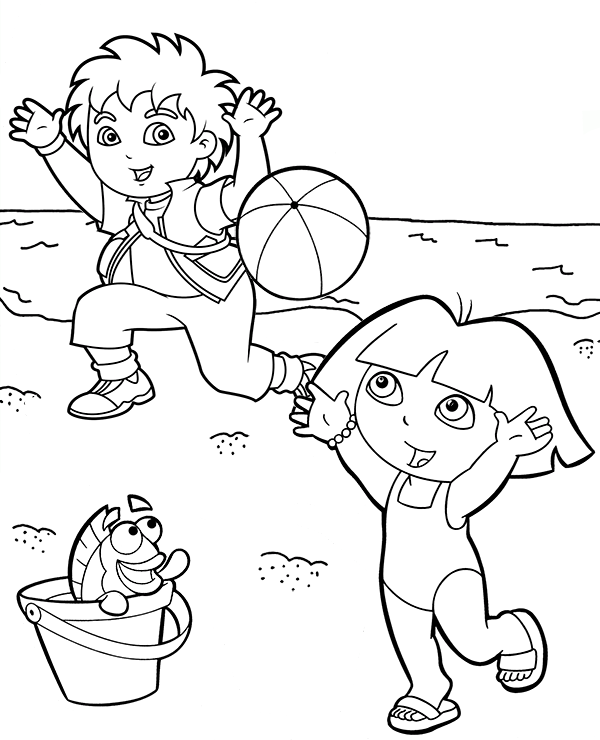 Dora and Diego on the Beach Coloring Page - Free Printable Coloring Pages  for Kids