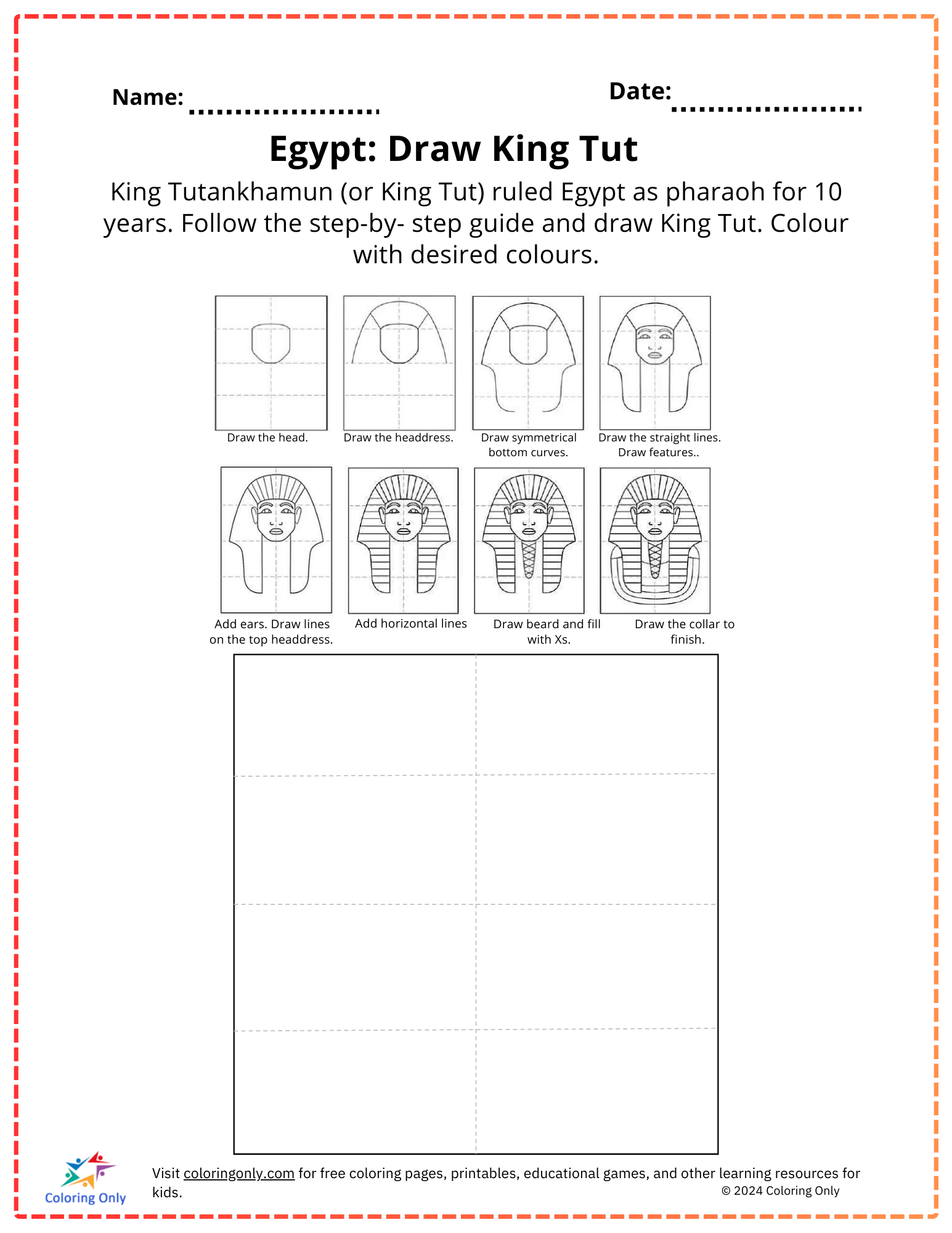 Egypt: Draw King Tut Free Printable Worksheet