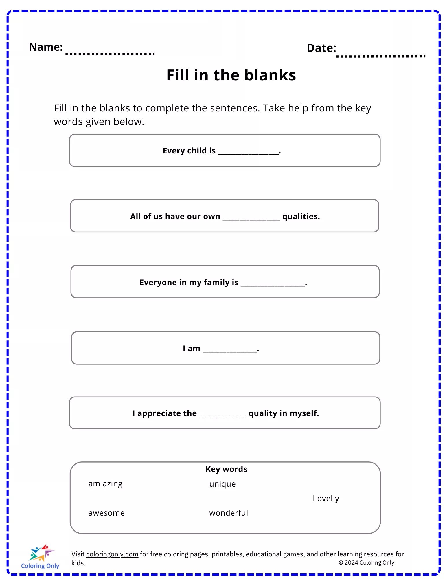 Fill in the blanks free Printable Worksheet