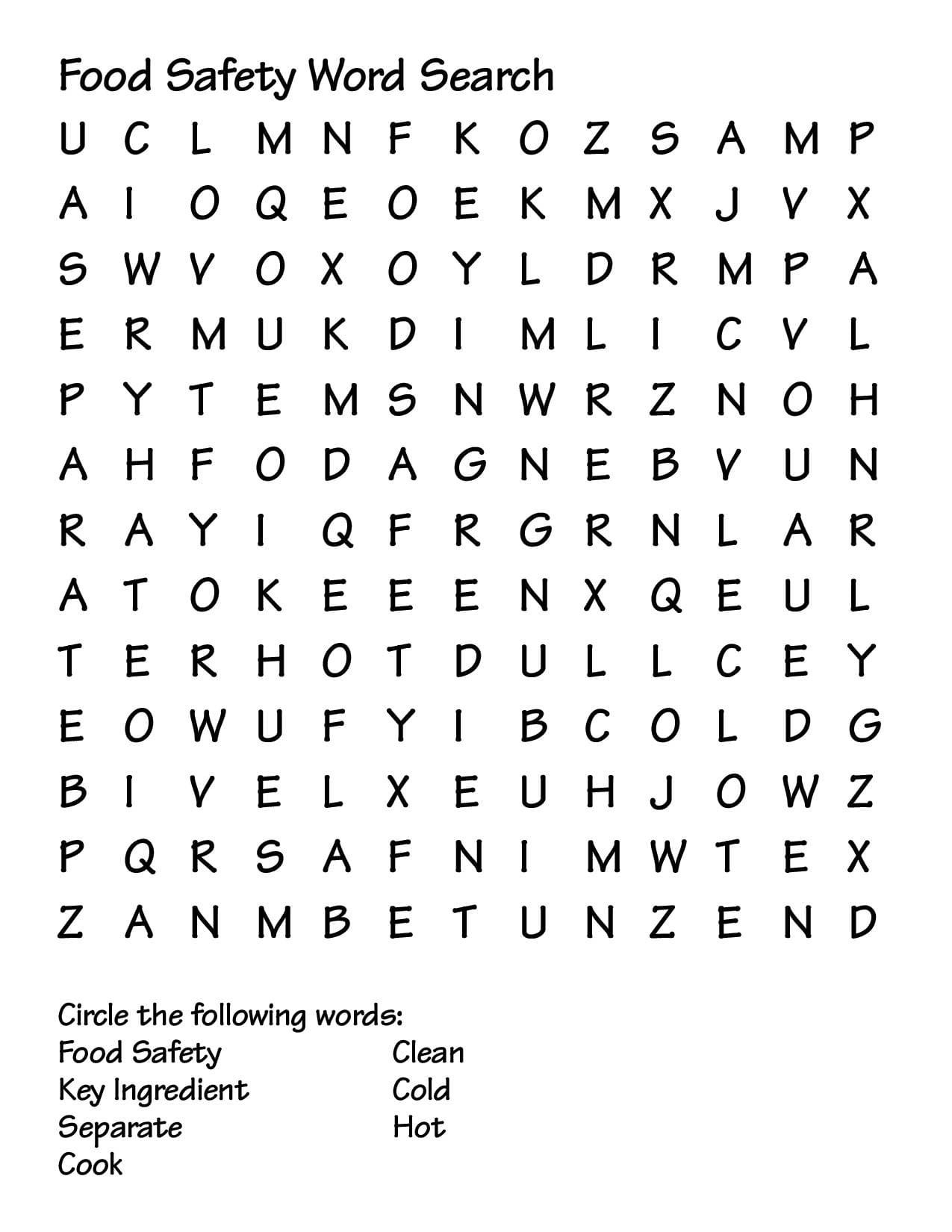 Food Safety Word Search