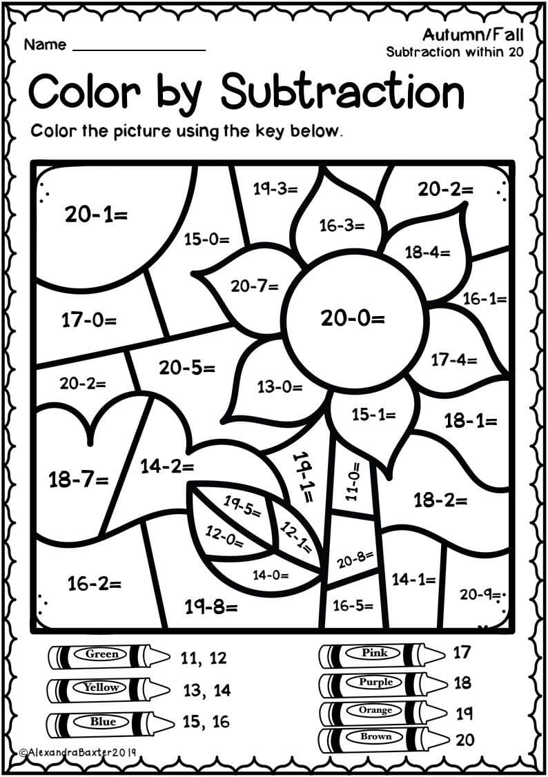 Free Subtraction Color By Number Worksheet