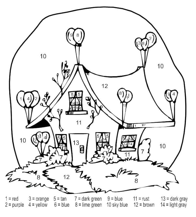 Funny House Color by Number Coloring Page - Free Printable Coloring Pages  for Kids
