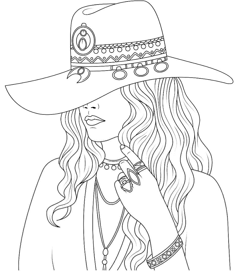 Girl with Cool Hat Coloring Page - Free Printable Coloring Pages for Kids
