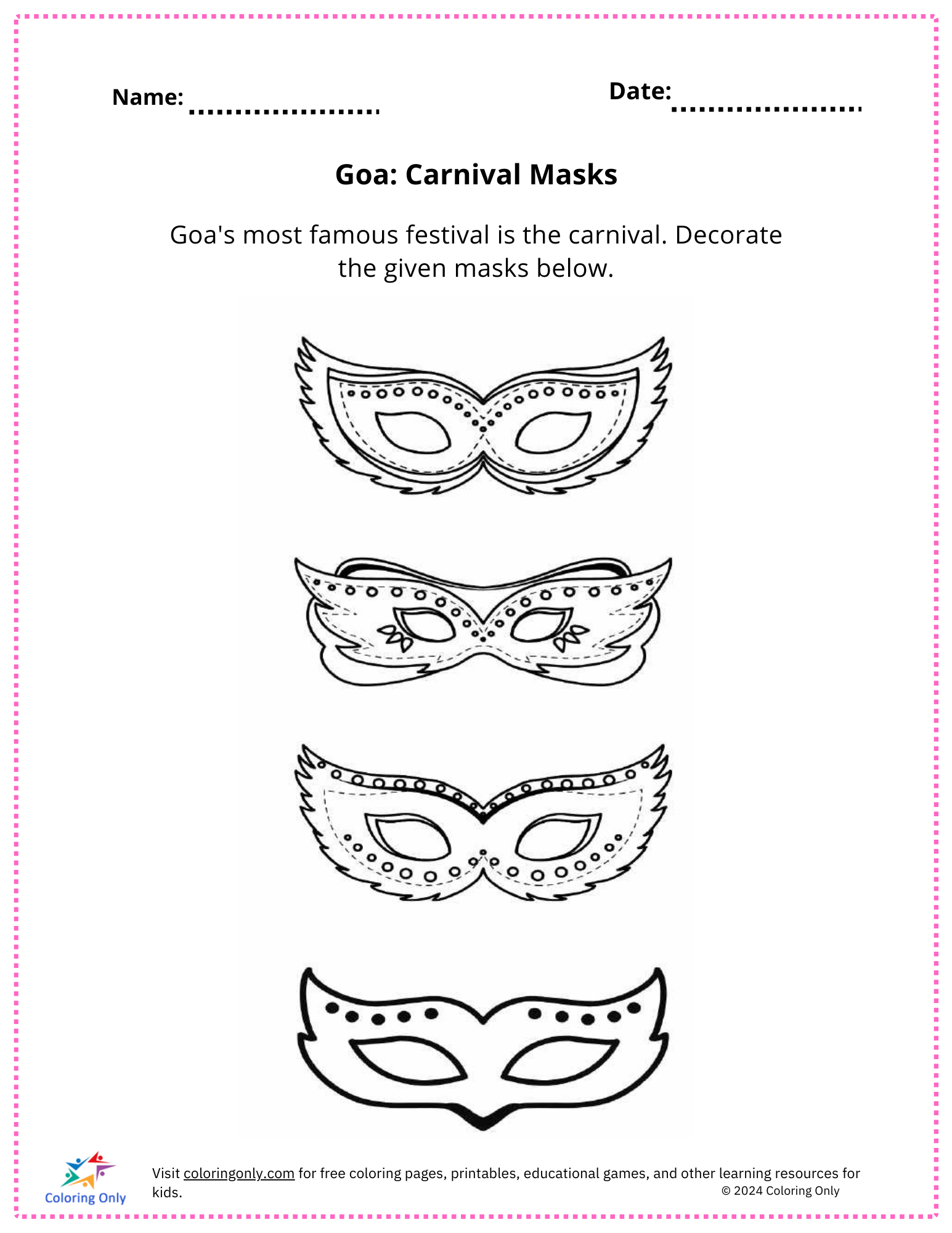 Goa: Carnival Masks Free Printable Worksheet