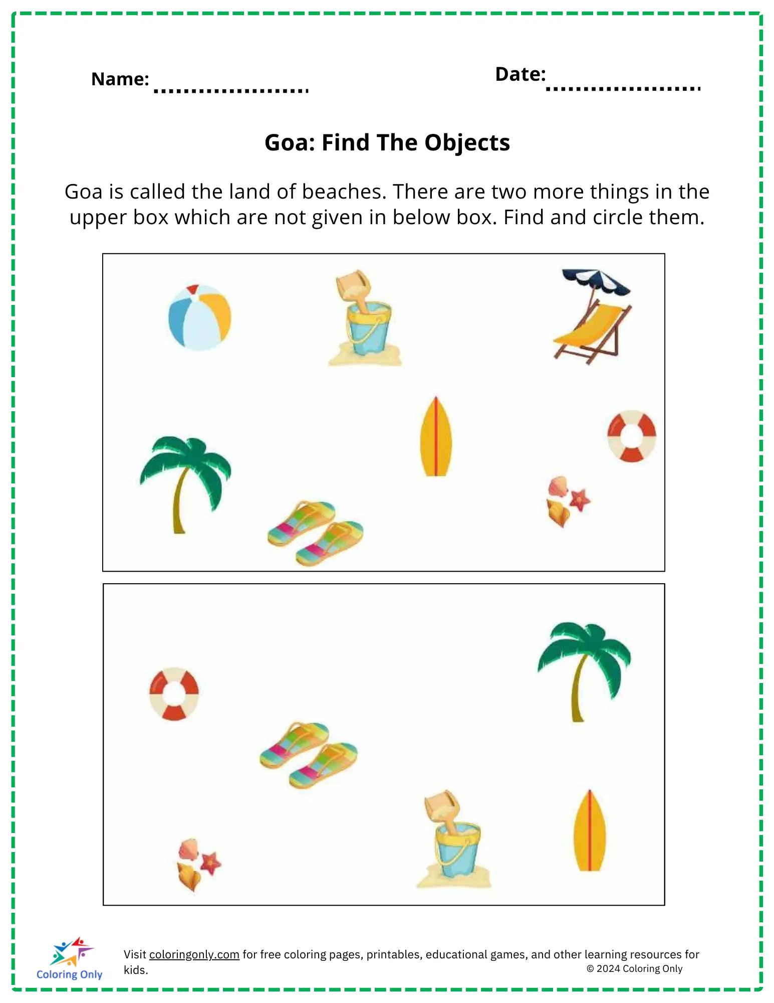 Goa: Find The Objects Free Printable Worksheet