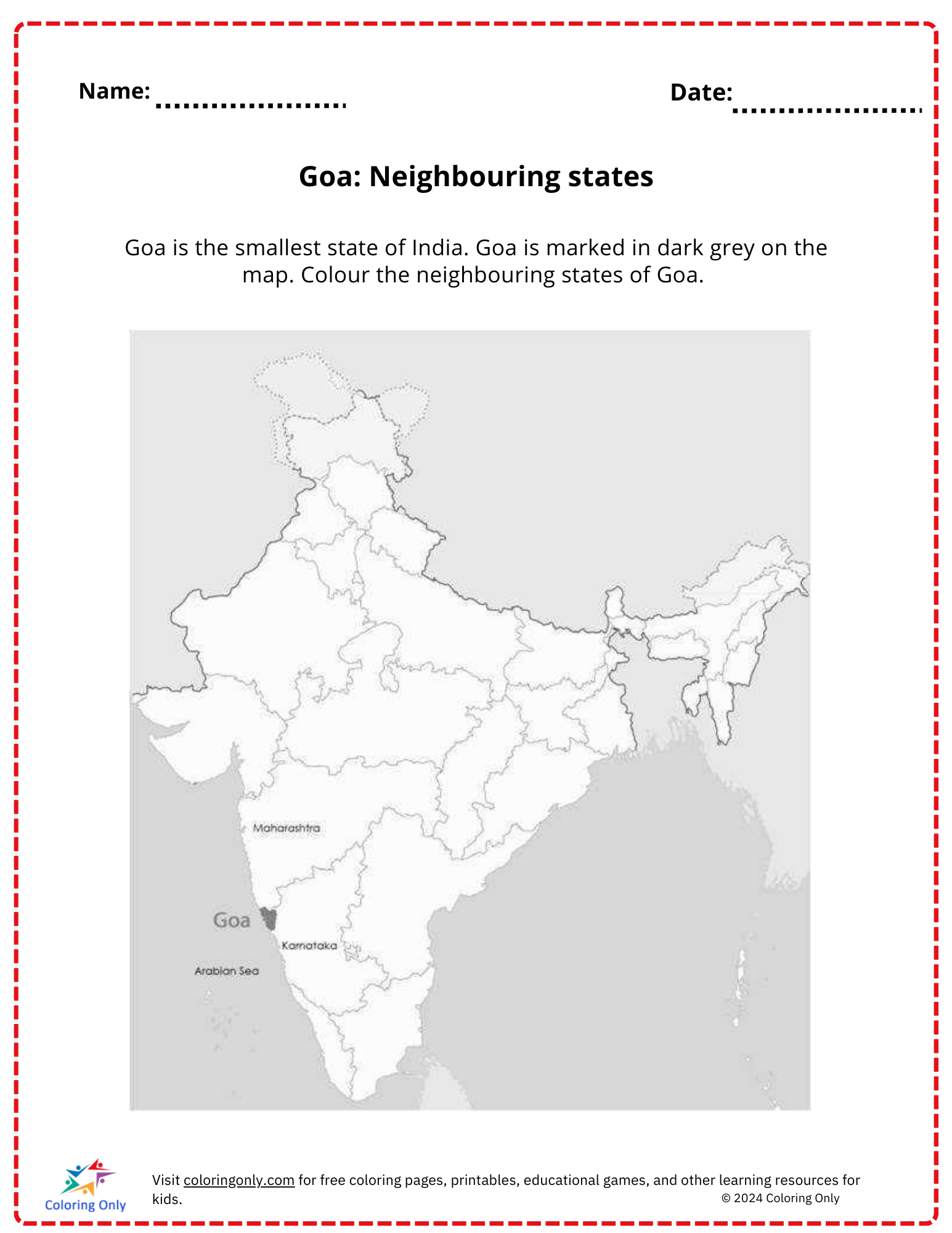 Goa: Neighbouring states free Printable Worksheet