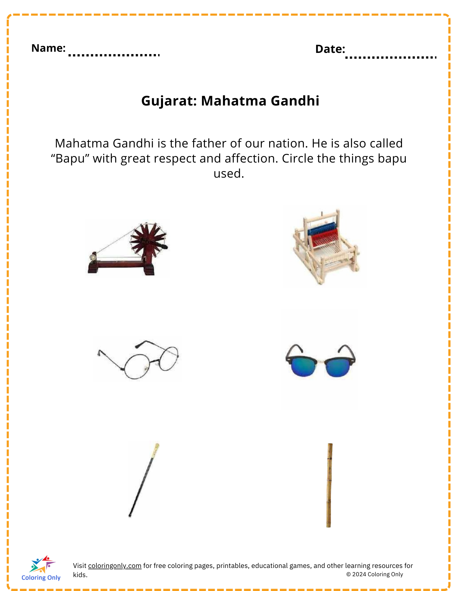 Gujarat: Mahatma Gandhi free Printable Worksheet