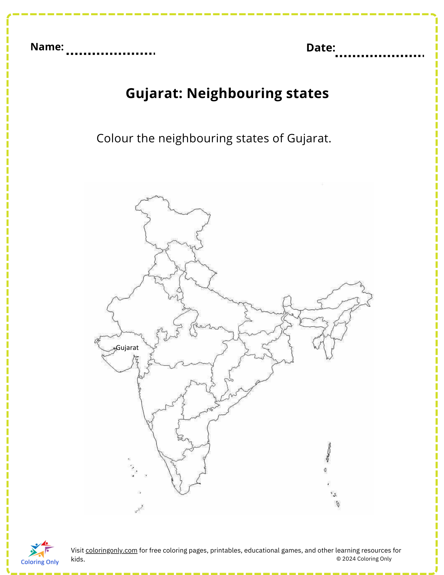 Gujarat: Neigh bouring states free Printable Worksheet